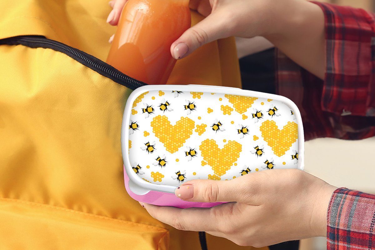 Lunchbox Kinder, Kunststoff, Erwachsene, (2-tlg), Snackbox, für Honig, rosa MuchoWow - Biene Valentinstag Mädchen, - Brotbox Kunststoff Brotdose