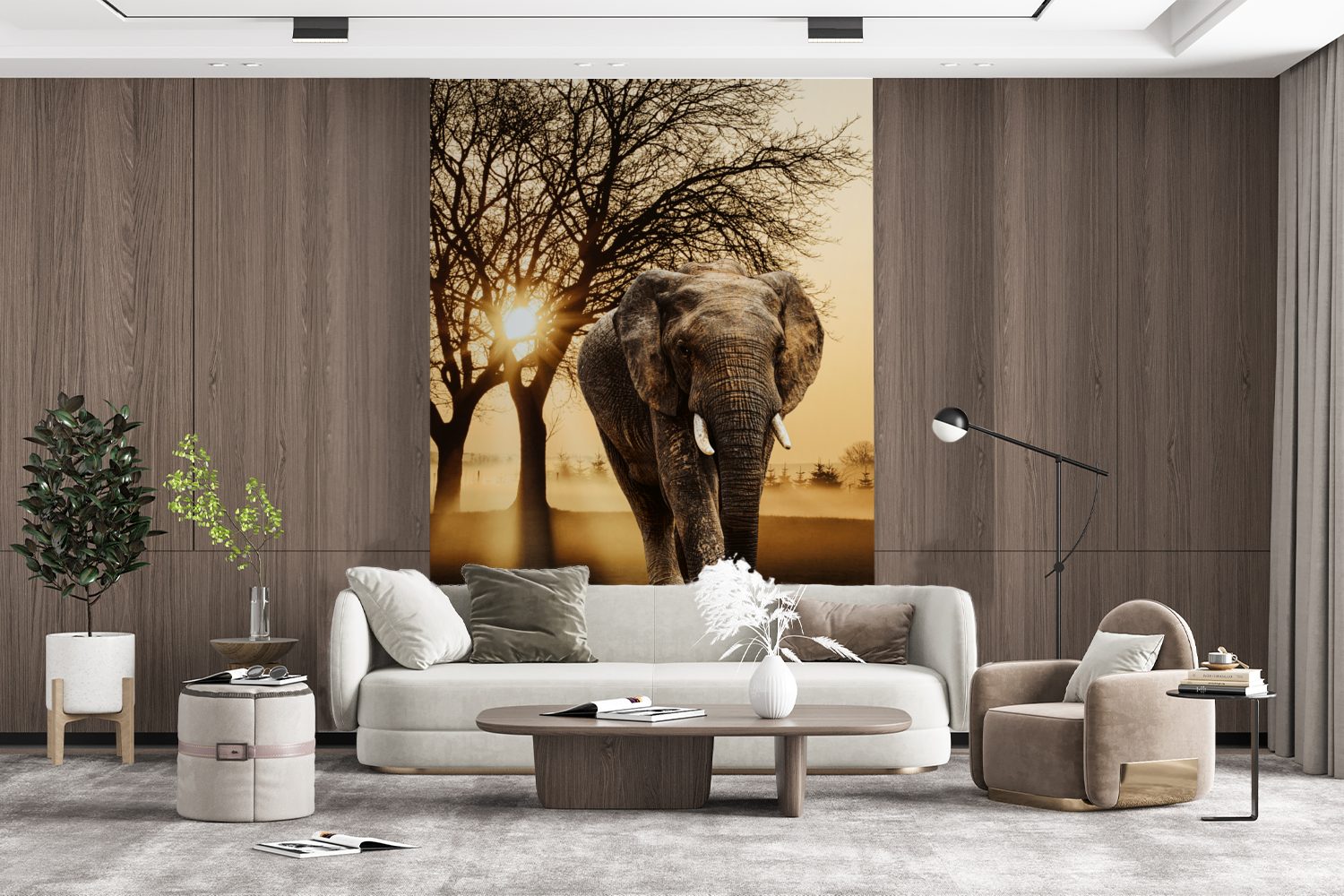 MuchoWow Fototapete Elefant - Wandtapete Wohnzimmer, für Vinyl Sonne, bedruckt, Matt, Baum - Montagefertig (3 St), Tapete