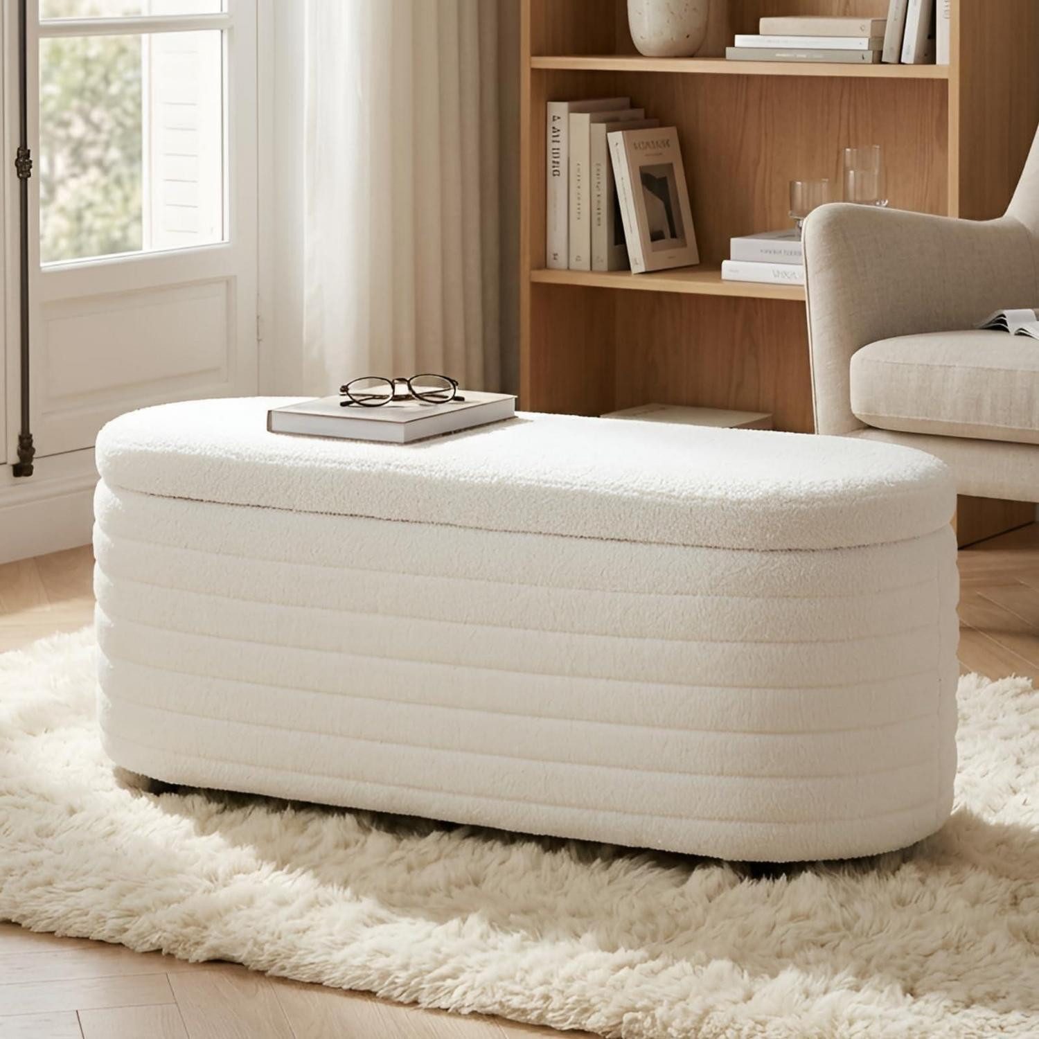 LuxusKollektion Sitztruhe Sitzbank mit Stauraum Teddystoff Weiss (1-St)
