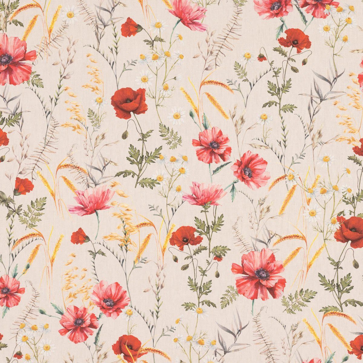 SCHÖNER LEBEN. Tischläufer SCHÖNER LEBEN. Tischläufer Poppy Mohnblumen Kamille Getreide beige ro, Digitaldruck