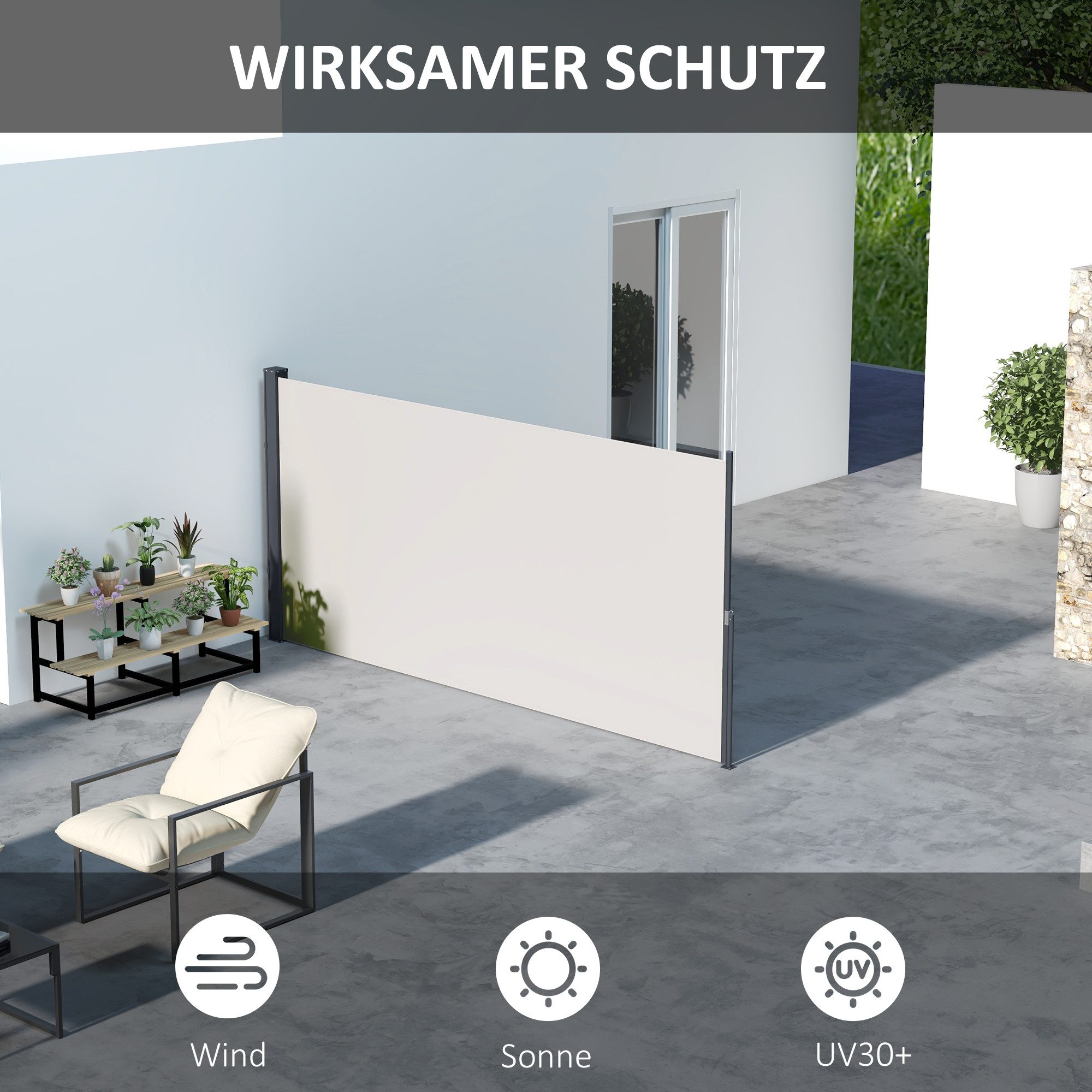 MC Star Seitenmarkise Ausziehbare 300 x 140cm Gartenmarkise Sichtschutzwand mit UV-Schutz (mit UV-Schutz Windschutz Metall Polyester Hellgrau)