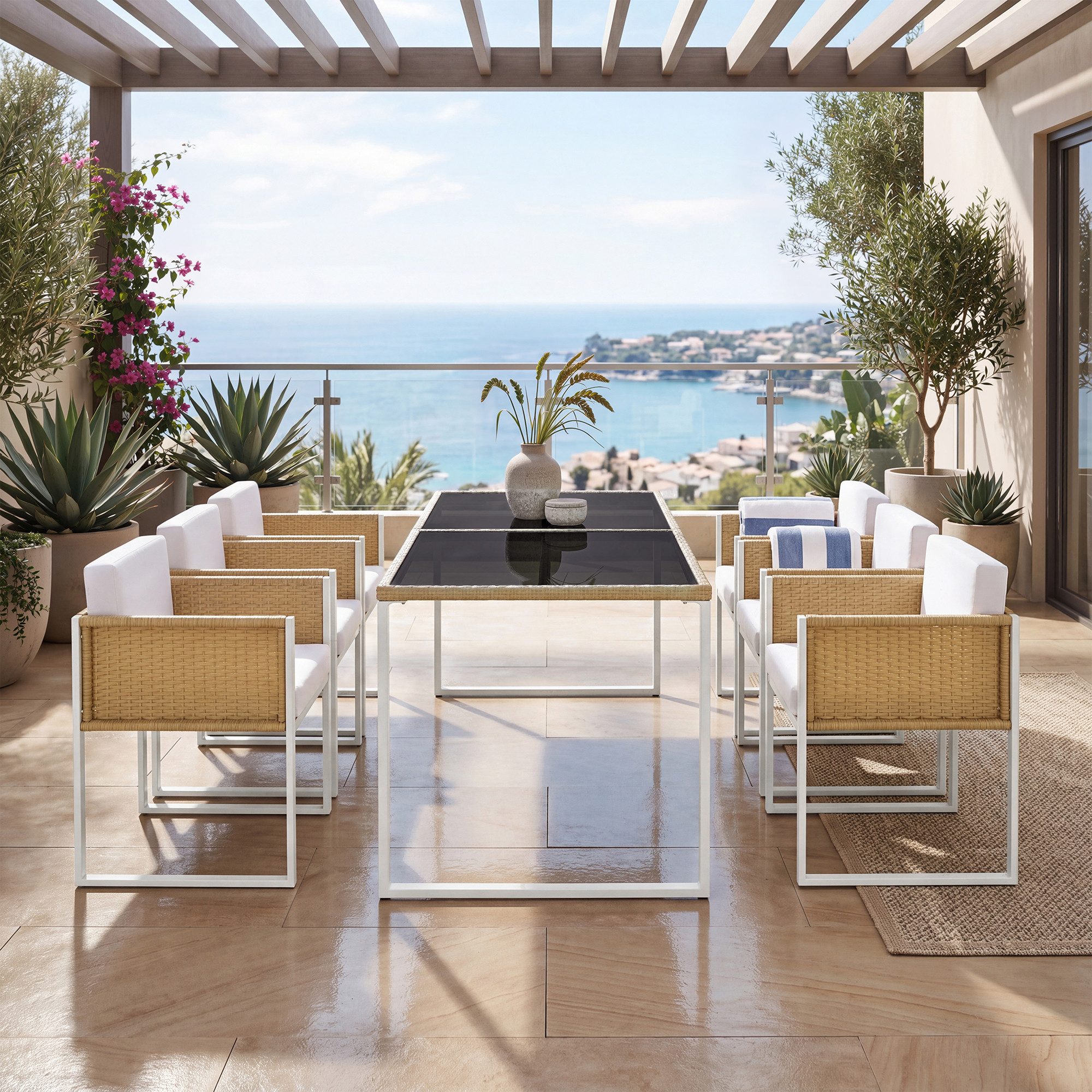 Flieks Garten-Essgruppe, Polyrattan Tisch- und Stuhlset Gartenmöbel Essgruppe Stuhl*6 & Tisch*1