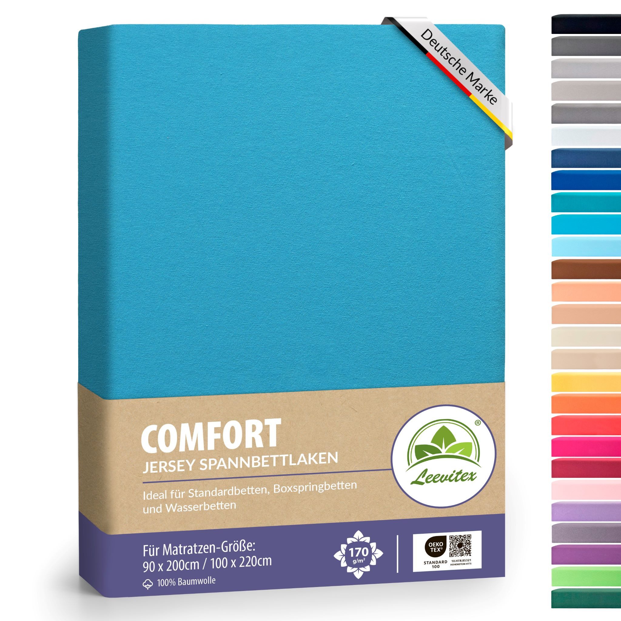 leevitex® Spannbettlaken verschiedene Größen, Stoffgewicht 170 g/m², 40 cm Steghöhe, Jersey, Gummizug: rundum, (1 Stück), verschiedene Farben, OEKO-TEX® STANDARD 100 zertifiziert