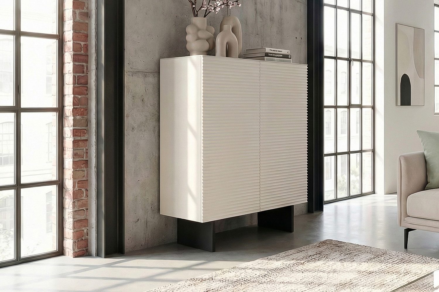 KAWOLA Highboard LYNN moderne Kommode, viel Stauraum, 2 Türen lackiert weiß, Einlegeböden verstellbar