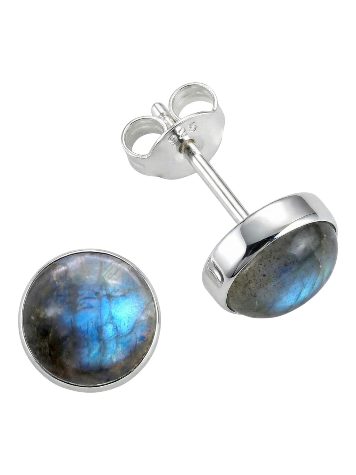 mantraroma Paar Ohrstecker SAMA rund medium aus 925 Silber mit Labradorit (Paar, Paar Ohrringe mit Schmuckbeutel), 925 Sterling Silber Ohrringe für Damen