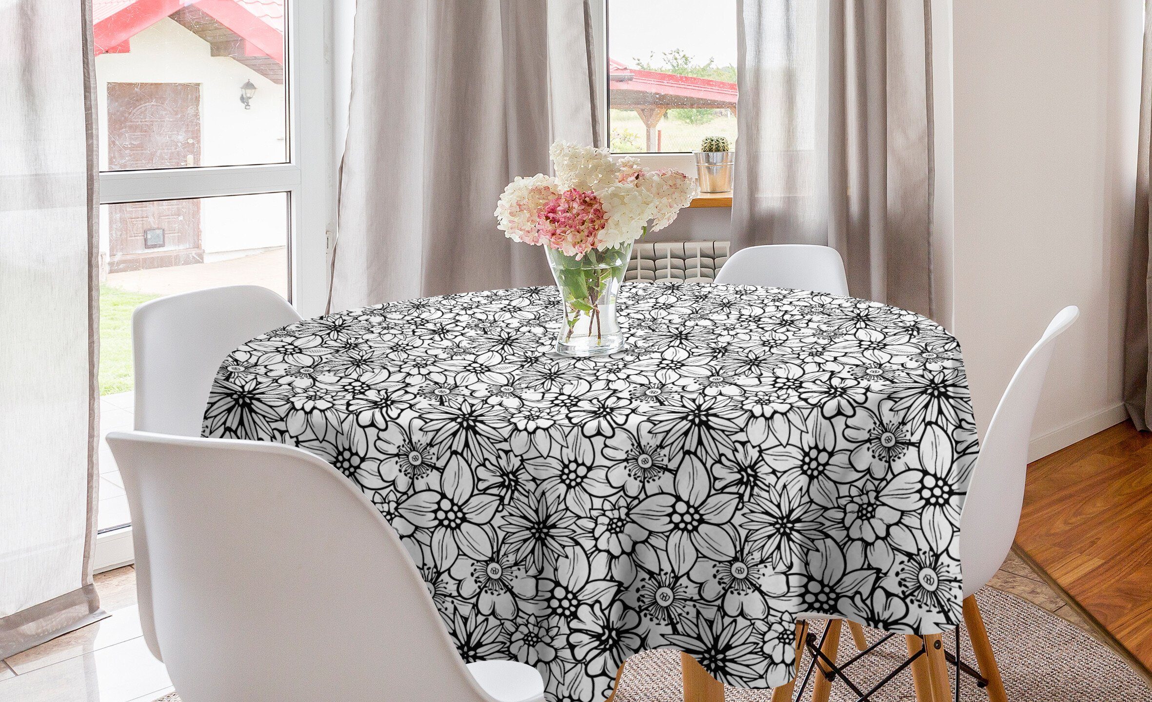 Abakuhaus Tischdecke Kreis Tischdecke Abdeckung für Esszimmer Küche Dekoration, Blumenweinlese Cartoon-Stil Petals