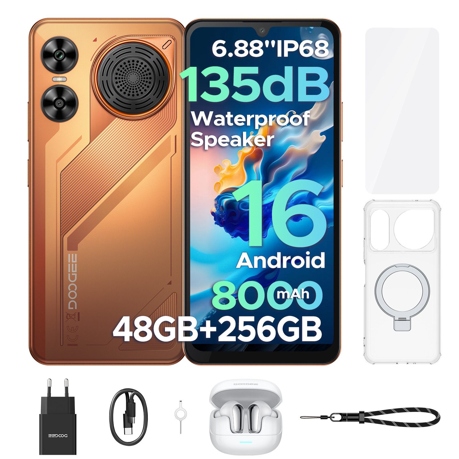 DOOGEE M30 Android 16 Handy, Kopfhörer, IP68, 6,88"mit Lautsprecher 256GB Smartphone (48(6+48)+256GB, 2TB, Dual-SIM, 135dB, NFC/Fingerabdruck/Face ID)