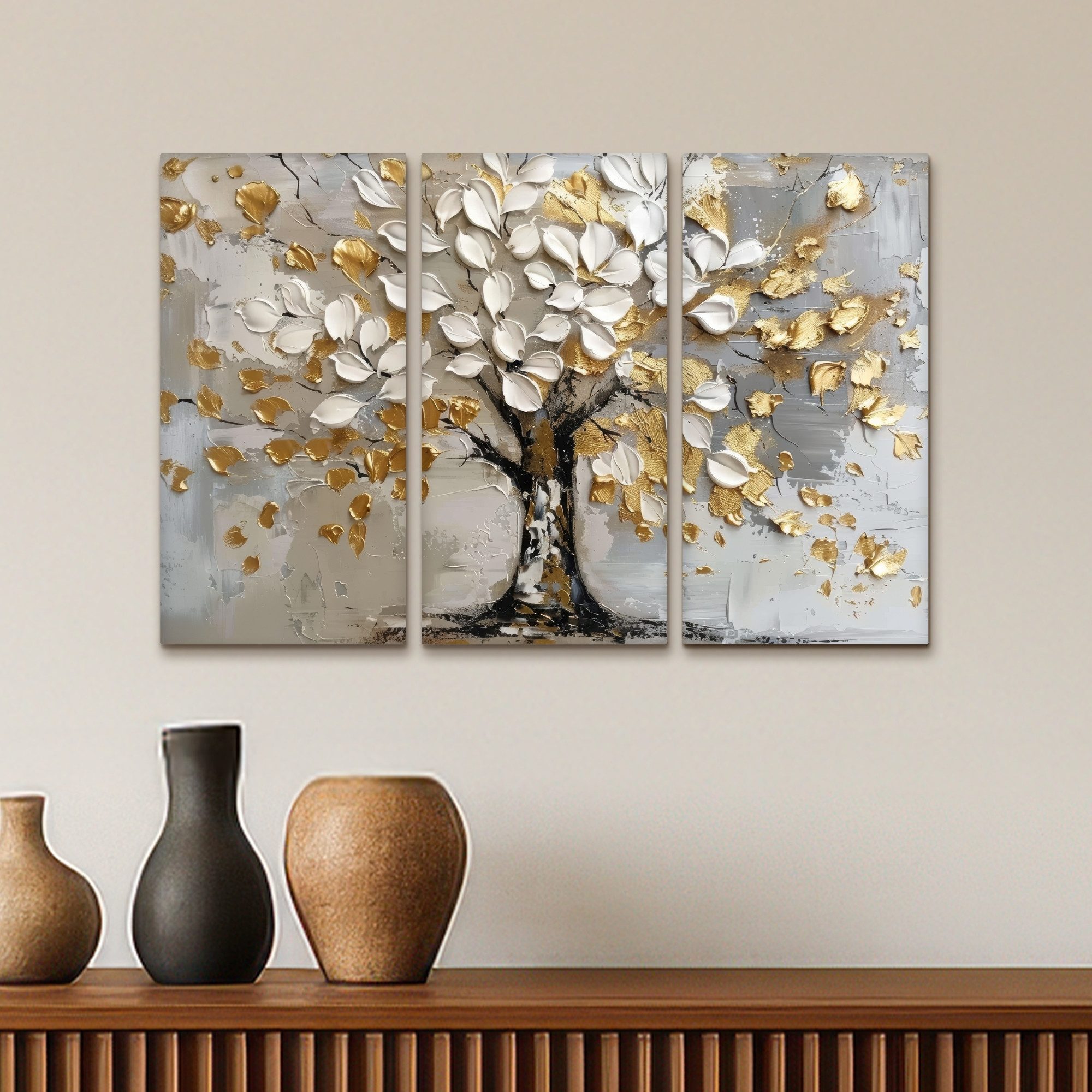 MuchoWow Leinwandbild Baum - Weiß - Gold - Lackoptik, Fotodruck (3 St), Wand Bilder 3 Set, Deko Schlafzimmer Wohnzimmer Flur 60x40 cm – Bild 5 von 5