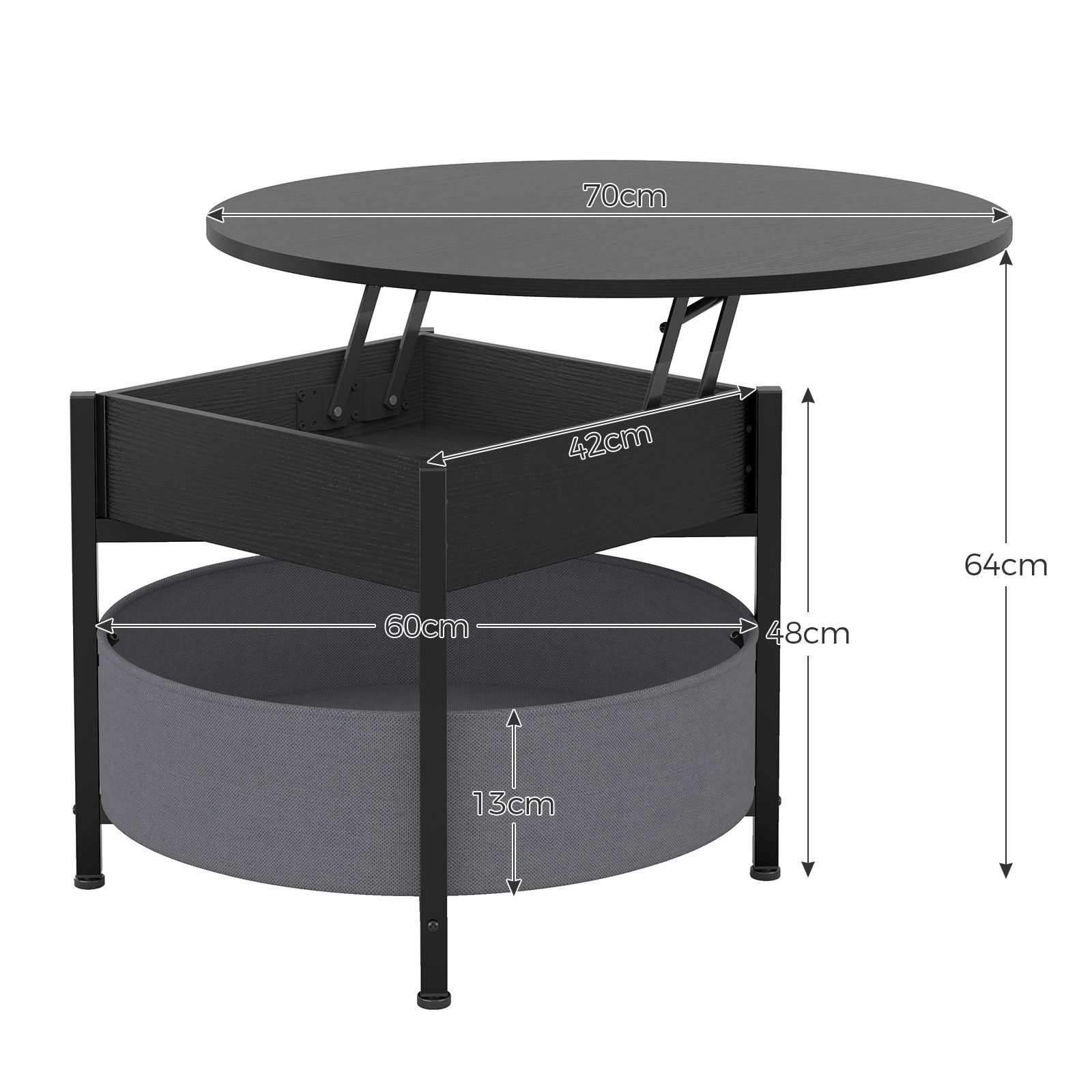 MSMASK Couchtisch Wohnzimmertisch mit Korb aus Stoff, höhenverstellbar (1-St), Rundes Lift-Top-Couchtisch, Beistelltisch, Kaffeetisch, 70x70x50 cm – Bild 2 von 5
