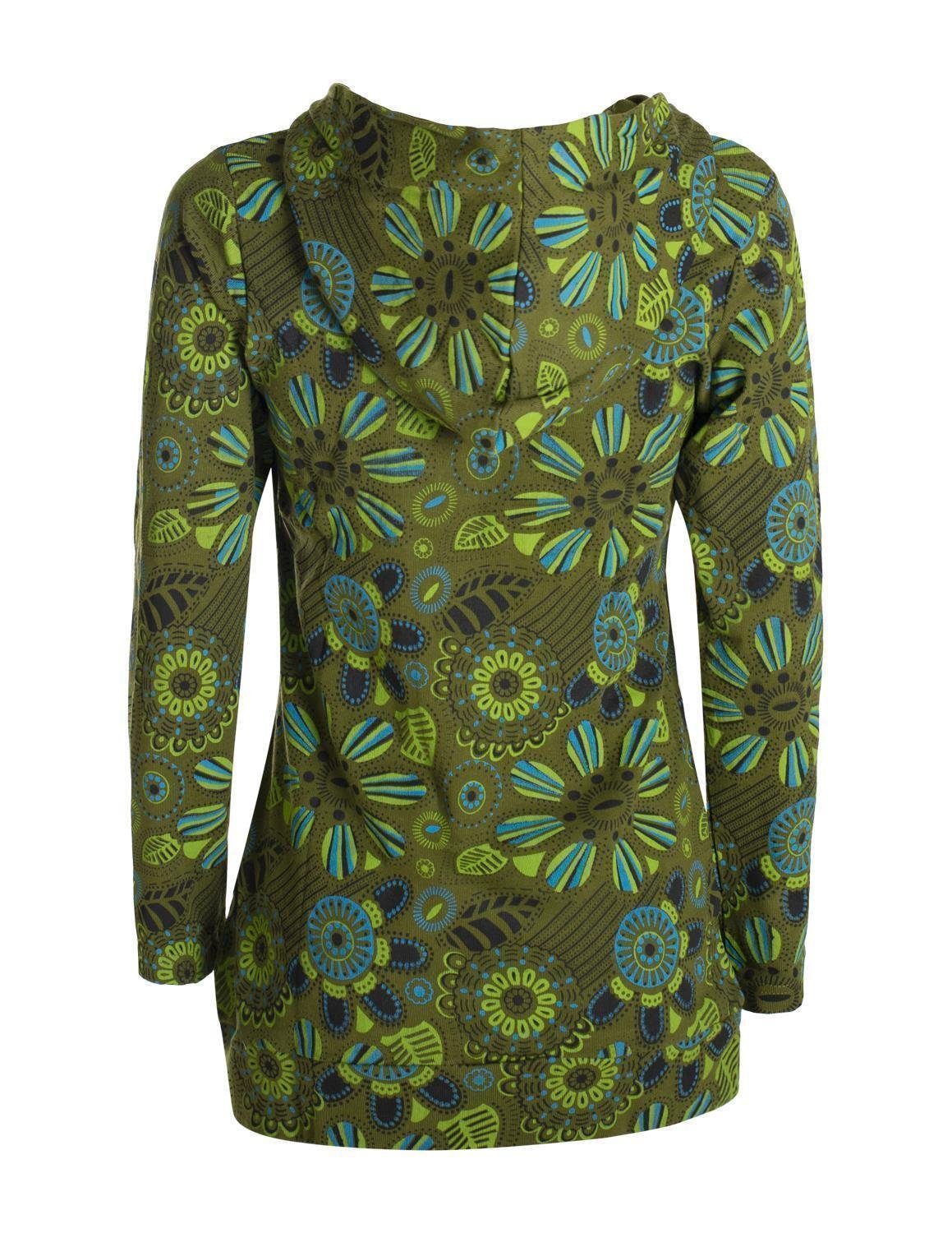 Vishes Kapuzenshirt Langarm Hoodie mit Blumen Druck und Kängurutasche Hippie, Goa Style