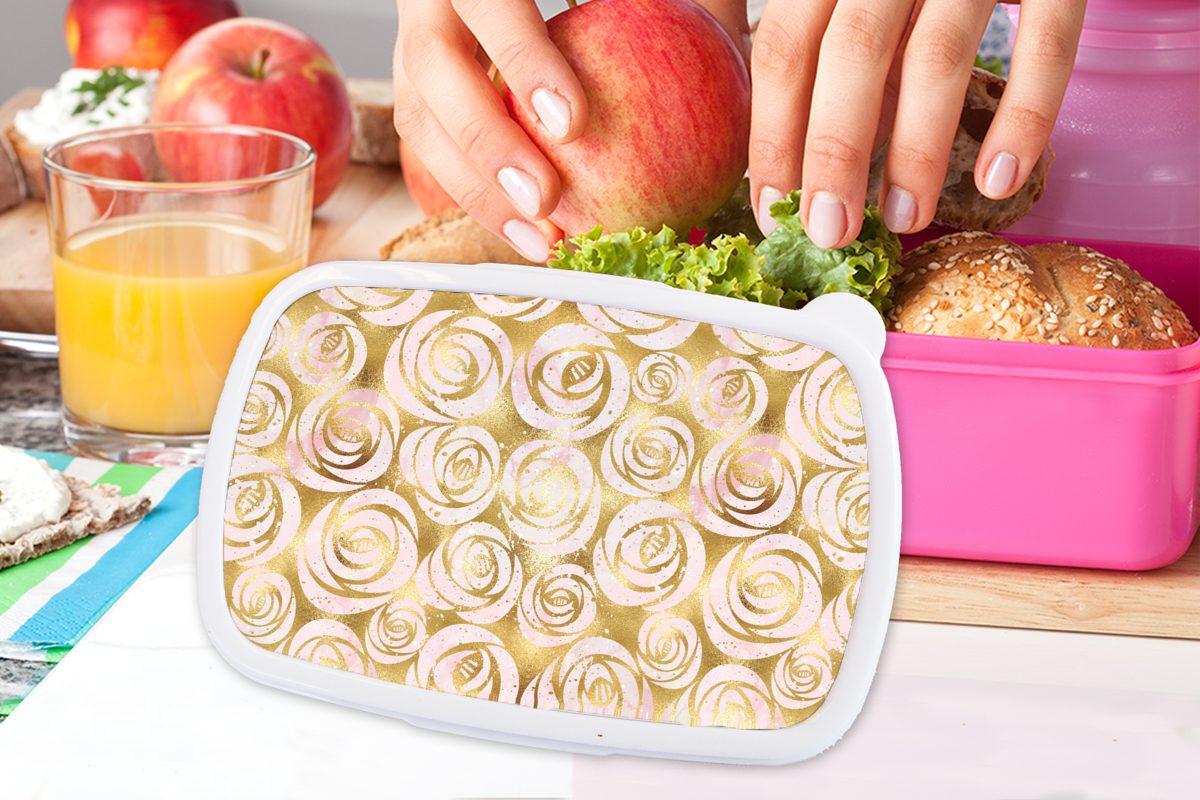 Erwachsene, - Marmor Lunchbox Mädchen, Brotdose Kunststoff Rosen - Muster, (2-tlg), Snackbox, - MuchoWow Brotbox Gold Kunststoff, für Kinder, rosa