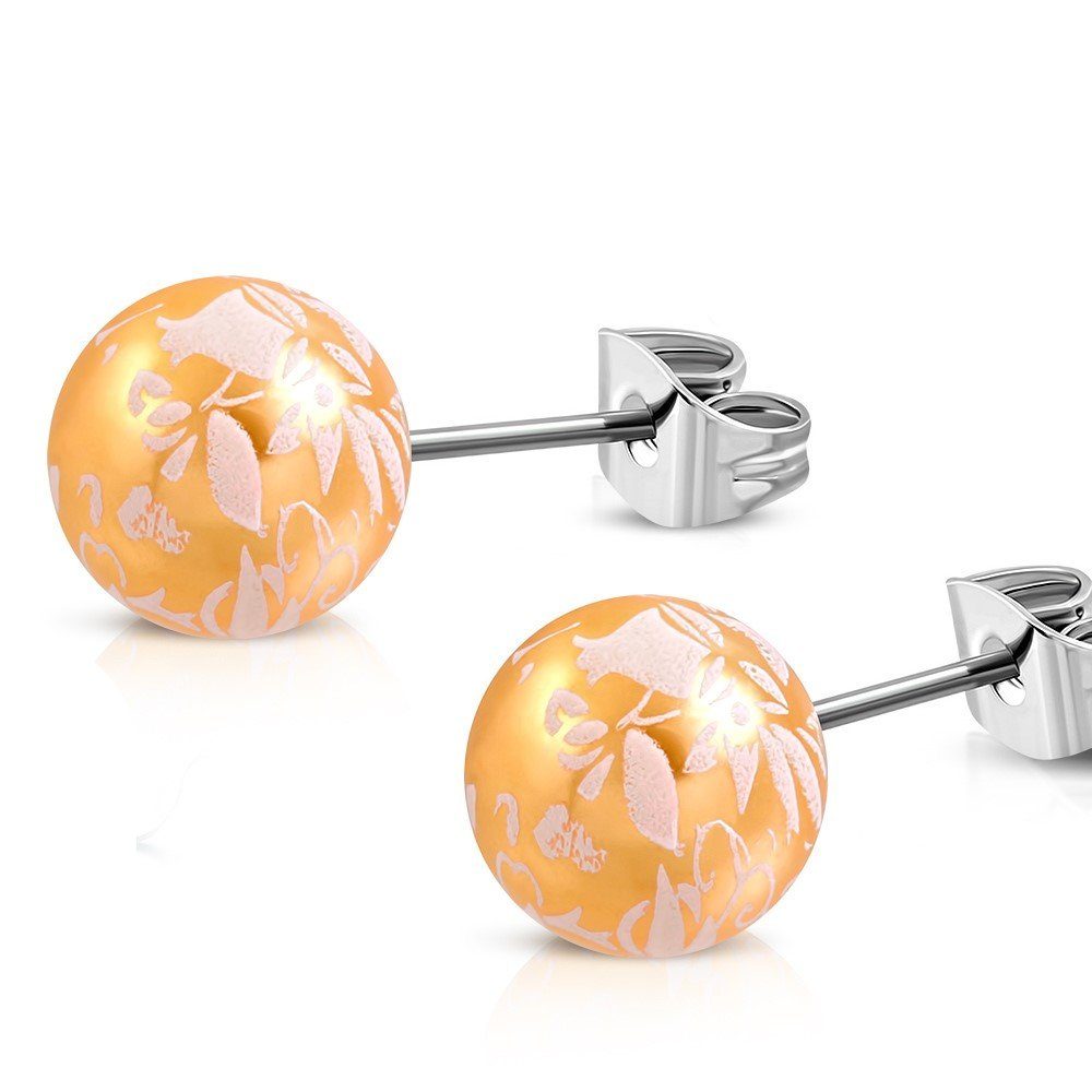 BUNGSA Ohrstecker-Set Ohrstecker Perle mit Blumendruck Silber aus Edelstahl Damen (1 Paar (2 Stück), 2-tlg), Ohrschmuck Ohrringe pfirsich