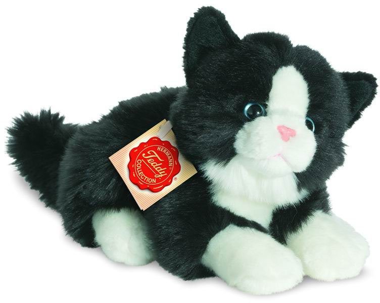 Teddy Hermann® Kuscheltier Katze liegend schwarz/weiß, 20 cm, zum Teil aus recyceltem Material