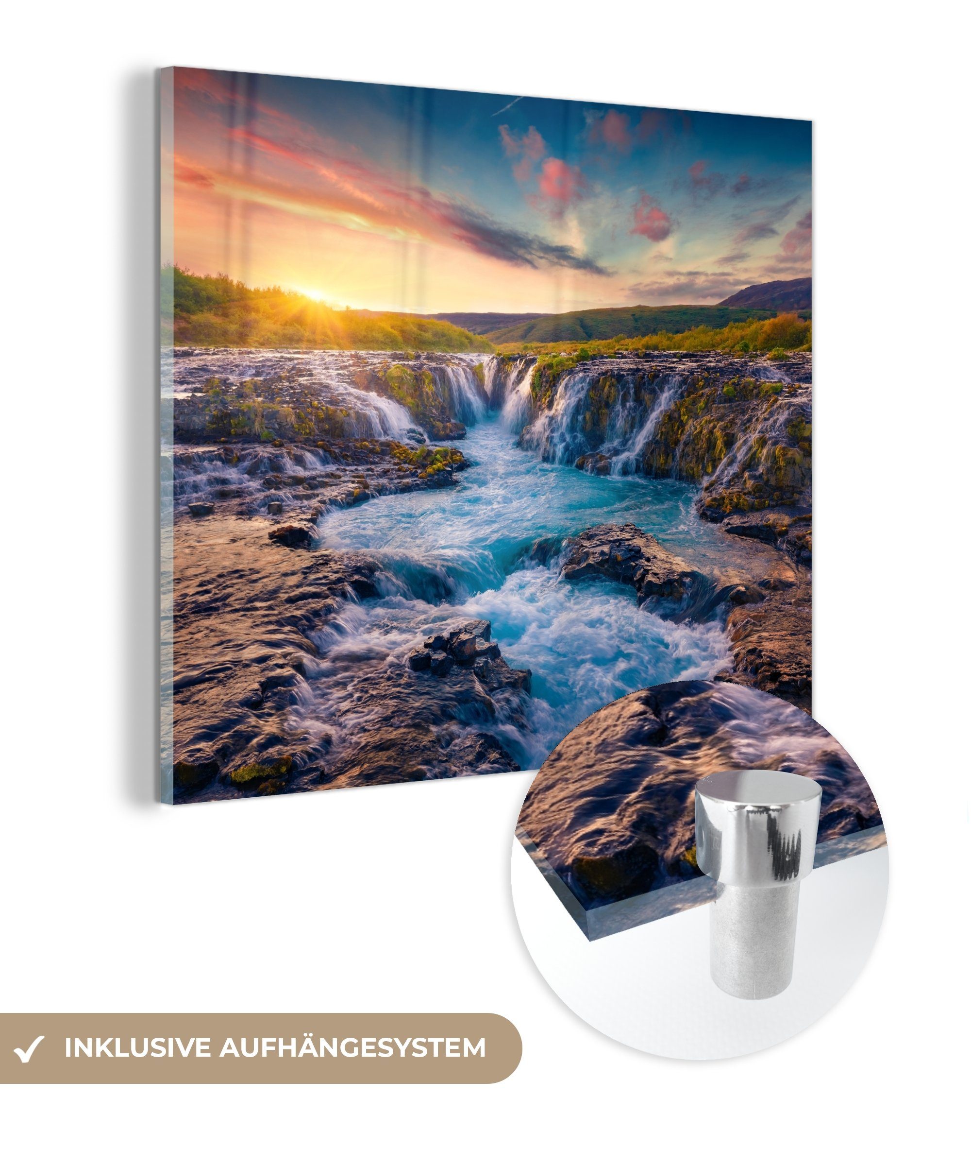 MuchoWow Acrylglasbild Wasserfall - Pflanzen - Moos - Landschaft - Sonnenuntergang - Fels, Inkl. Aufhängung, Bilder auf Glas Wandbild, Wanddeko Wohnzimmer Badezimmer, 20x20 cm