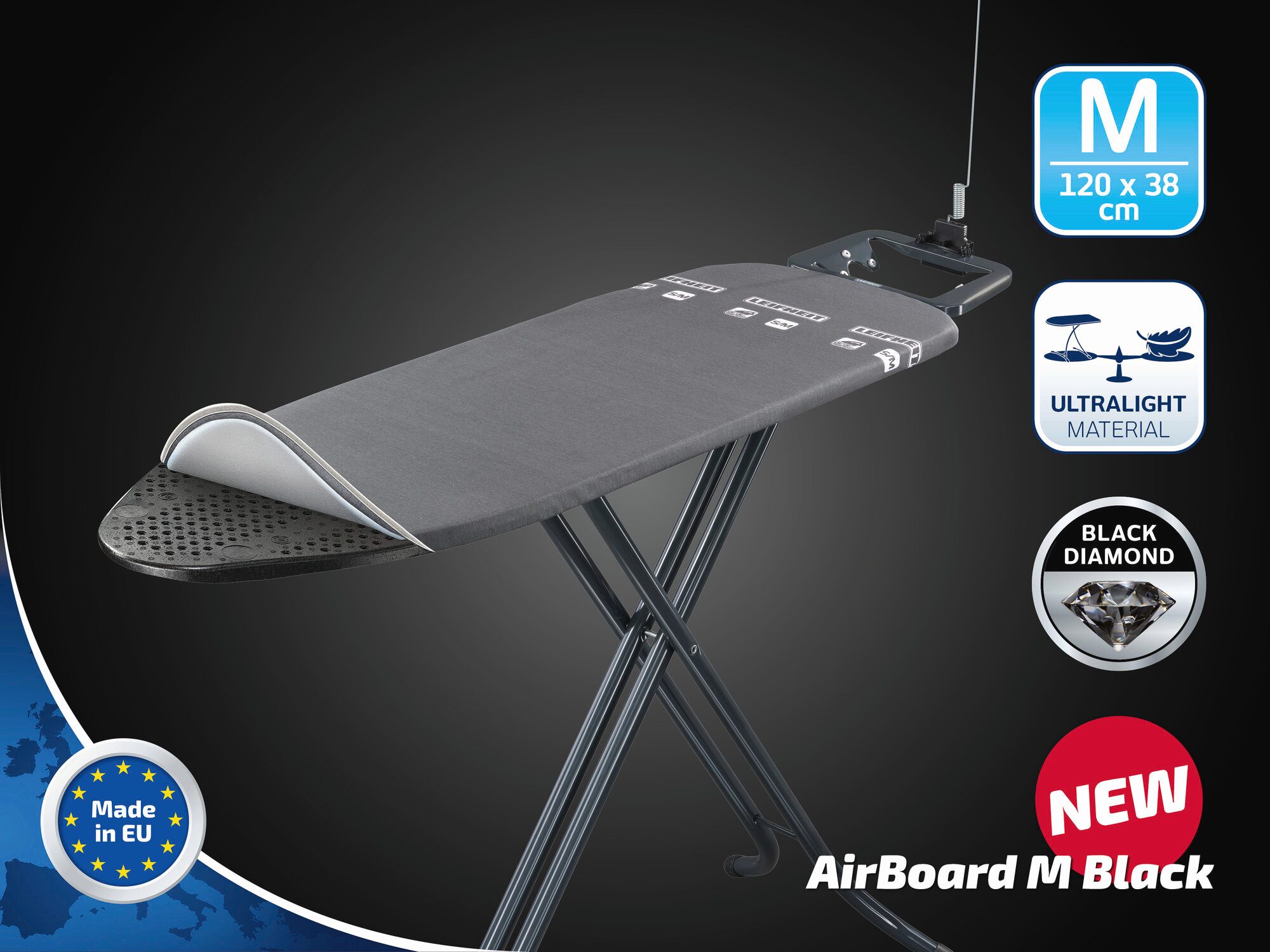 Leifheit Bügelbrett Bügeltisch AirBoard M Black, Bügelfläche 38.0x120.0 cm, Zwei-Seiten-Bügeleffekt, 120x38cm, höhenverstellbar (78 - 98 cm)