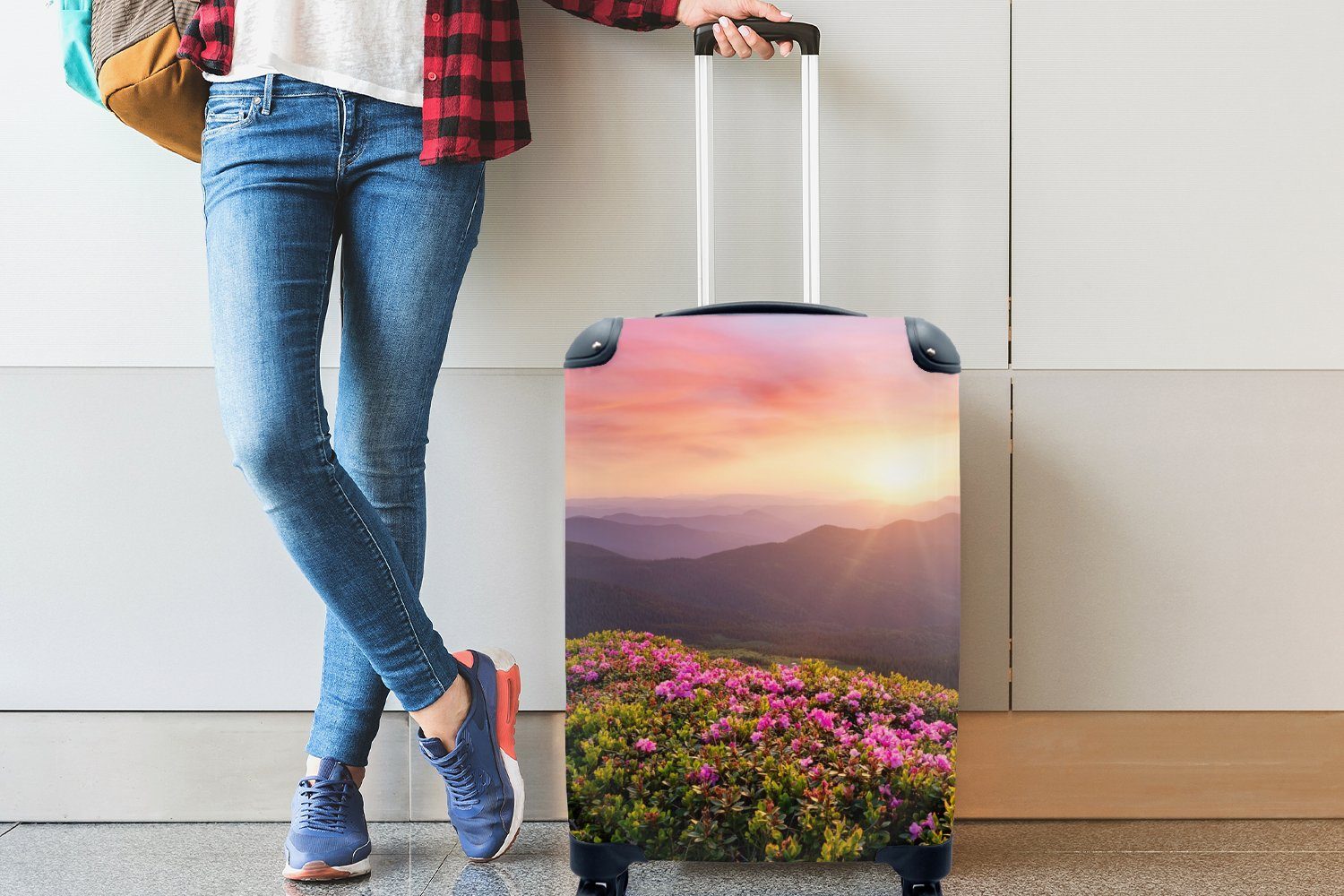 für 4 Ferien, mit Trolley, Rollen, - Sonnenuntergang Handgepäckkoffer Berg Reisetasche Reisekoffer - rollen, MuchoWow Landschaft, Handgepäck Blumen -