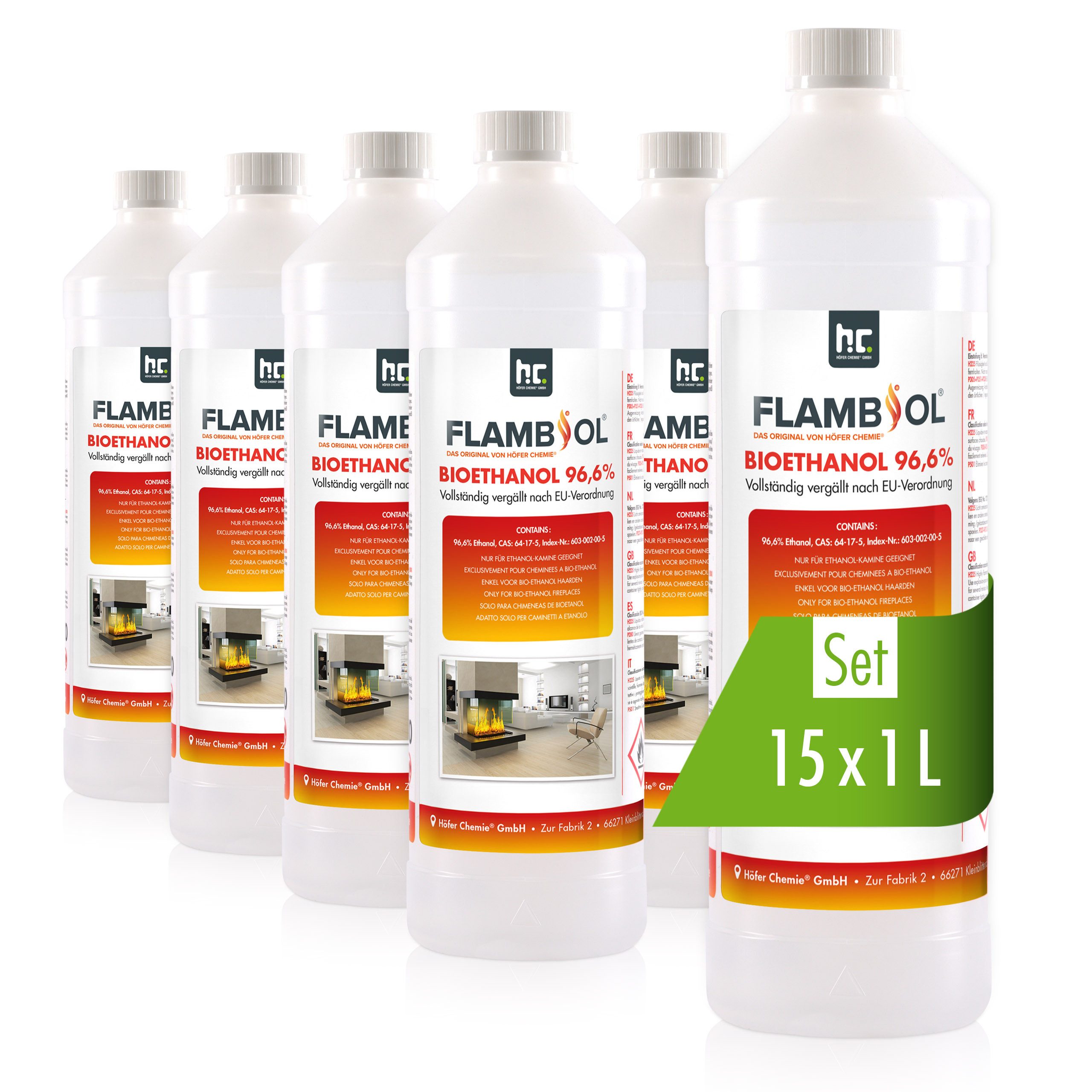 Höfer Chemie GmbH Bioethanol 15x 1 L FLAMBIOL® Bioethanol 96,6% Premium für Tischkamin, 15 l, (15-St), Saubere Verbrennung, geruchs- und rußfrei