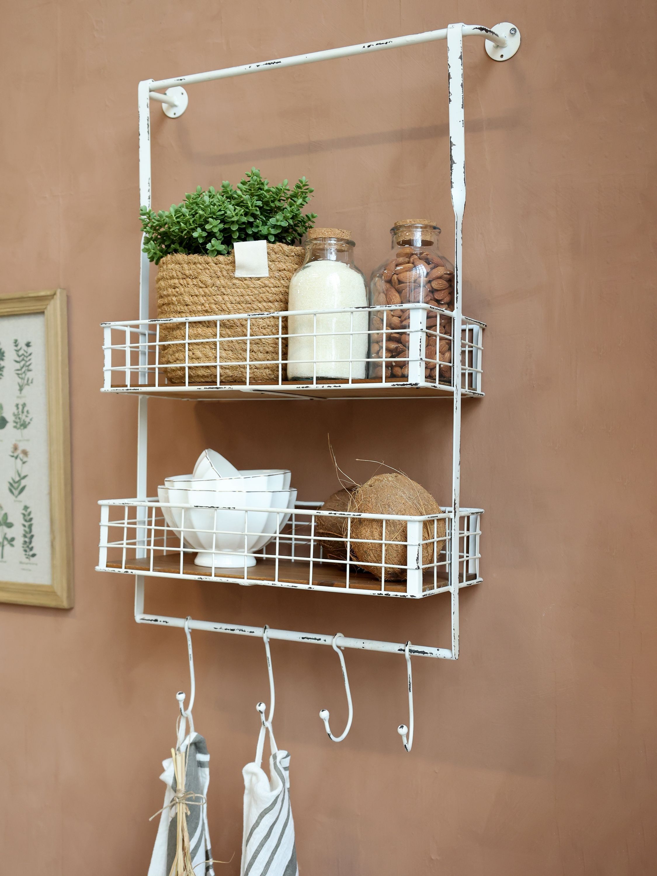 Chic Antique Wandregal Chic Antique - Wandregal mit 2 Ablagen und 4 Haken Weiß Metall