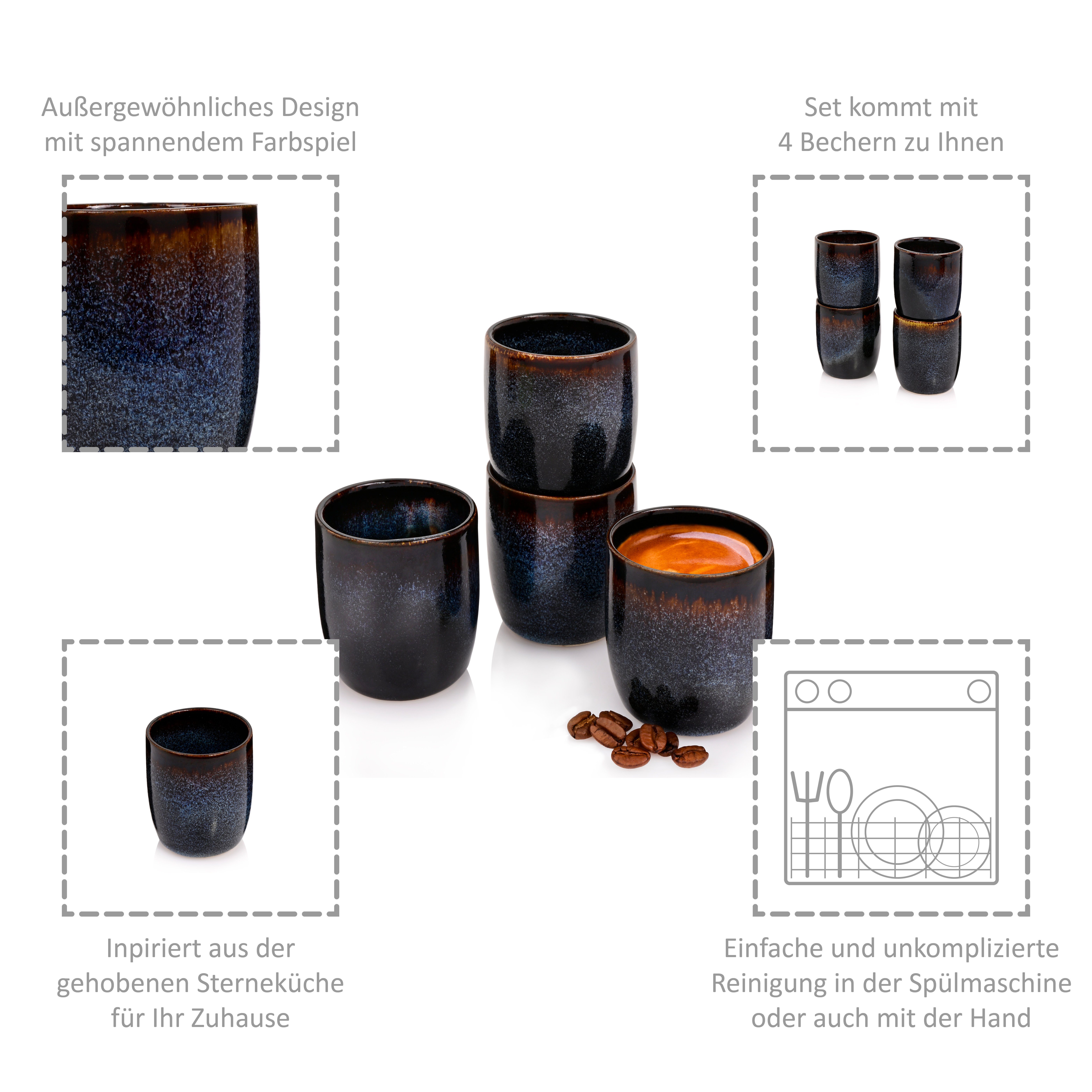 SÄNGER Becher Tokio Espressobecher Set, 4-tlg., Steingut, Blau Schwarz, Handmade, Premium Collection