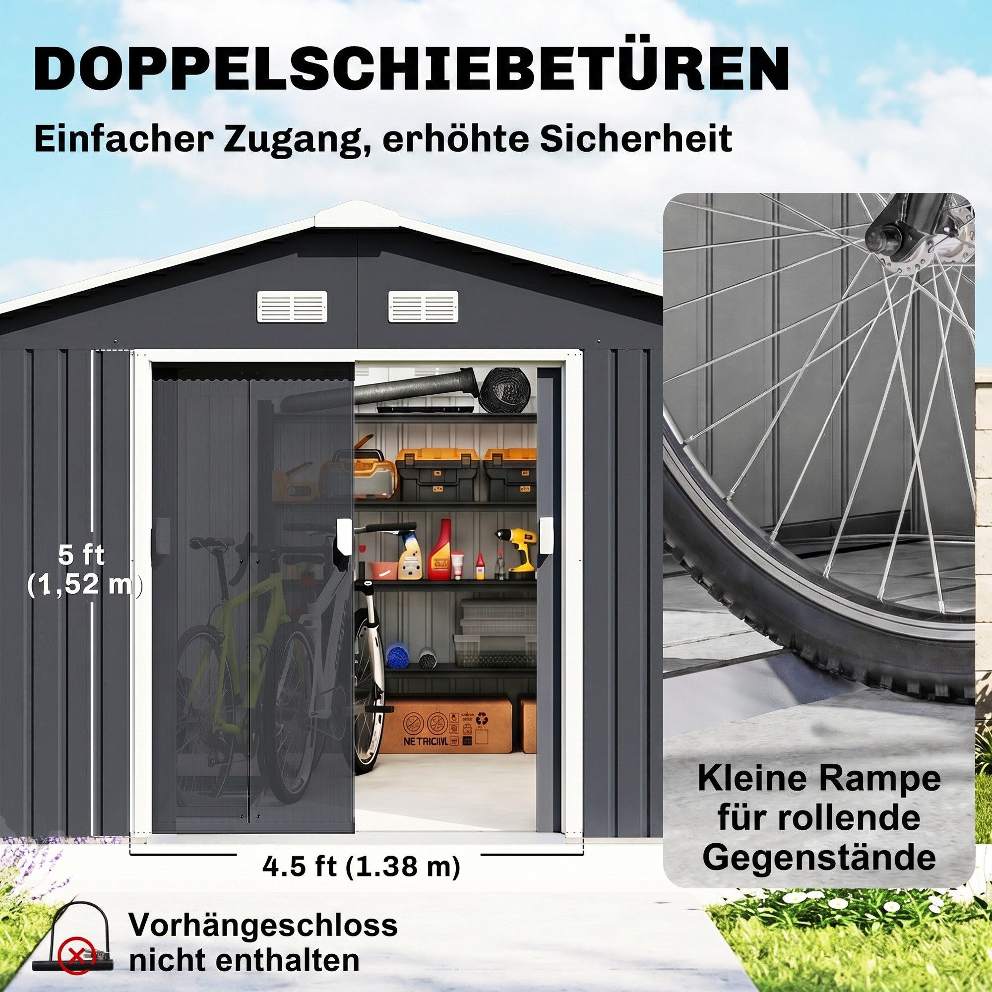 Outsunny Gerätehaus Gartenhaus mit Schiebetür, Fundament, Geräteschuppen, BxT: 340x386 cm, (Gartenhaus, 1 St., Geräteschuppen aus Verzinkter Stahl), wetterfest, – Bild 5 von 5