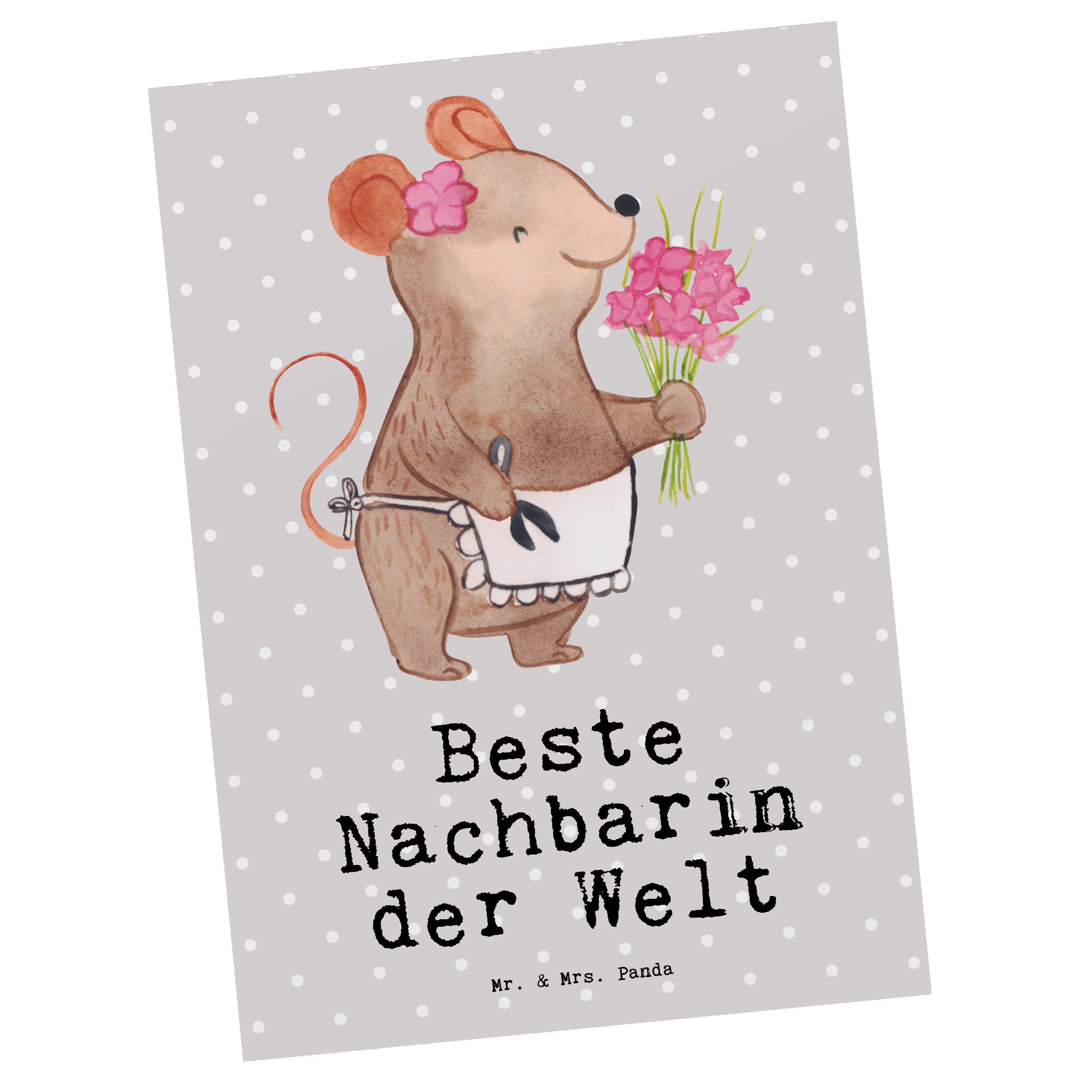 Mr. & Mrs. Panda Postkarte Maus Beste Nachbarin der Welt - Grau Pastell - Geschenk, Geschenkkart