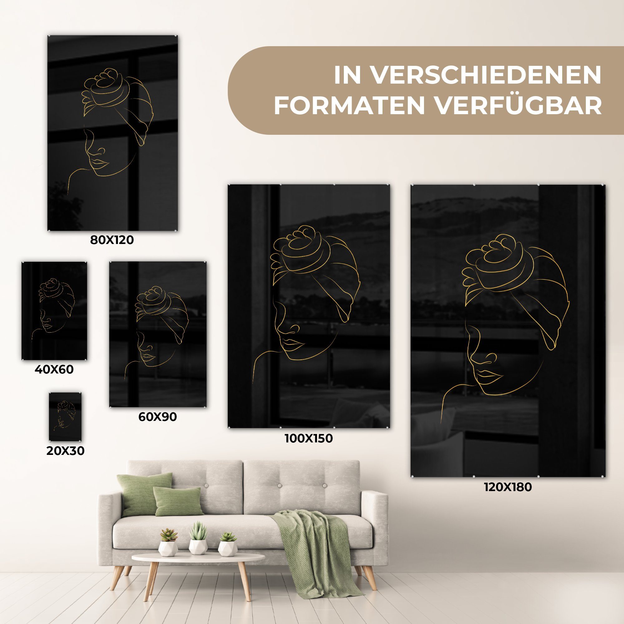 Glas St), Kopftuch und Foto - Wanddekoration Acrylglasbild Schwarz auf MuchoWow Wandbild Strichzeichnung, - Glasbilder - auf (1 - - - Frau Bilder Glas Gold