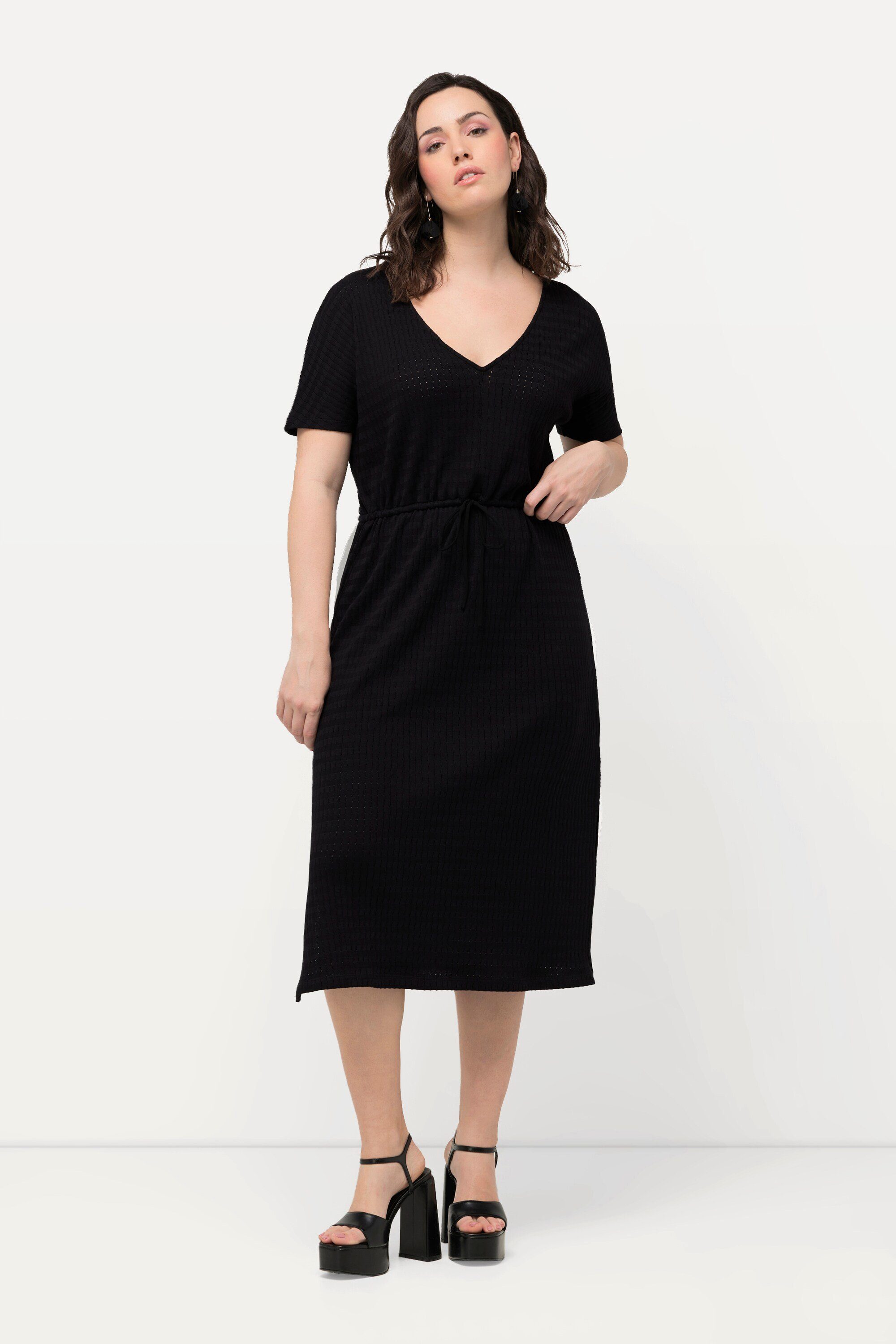 Ulla Popken Maxikleid Midikleid Strukturjersey V-Ausschnitt günstig online kaufen