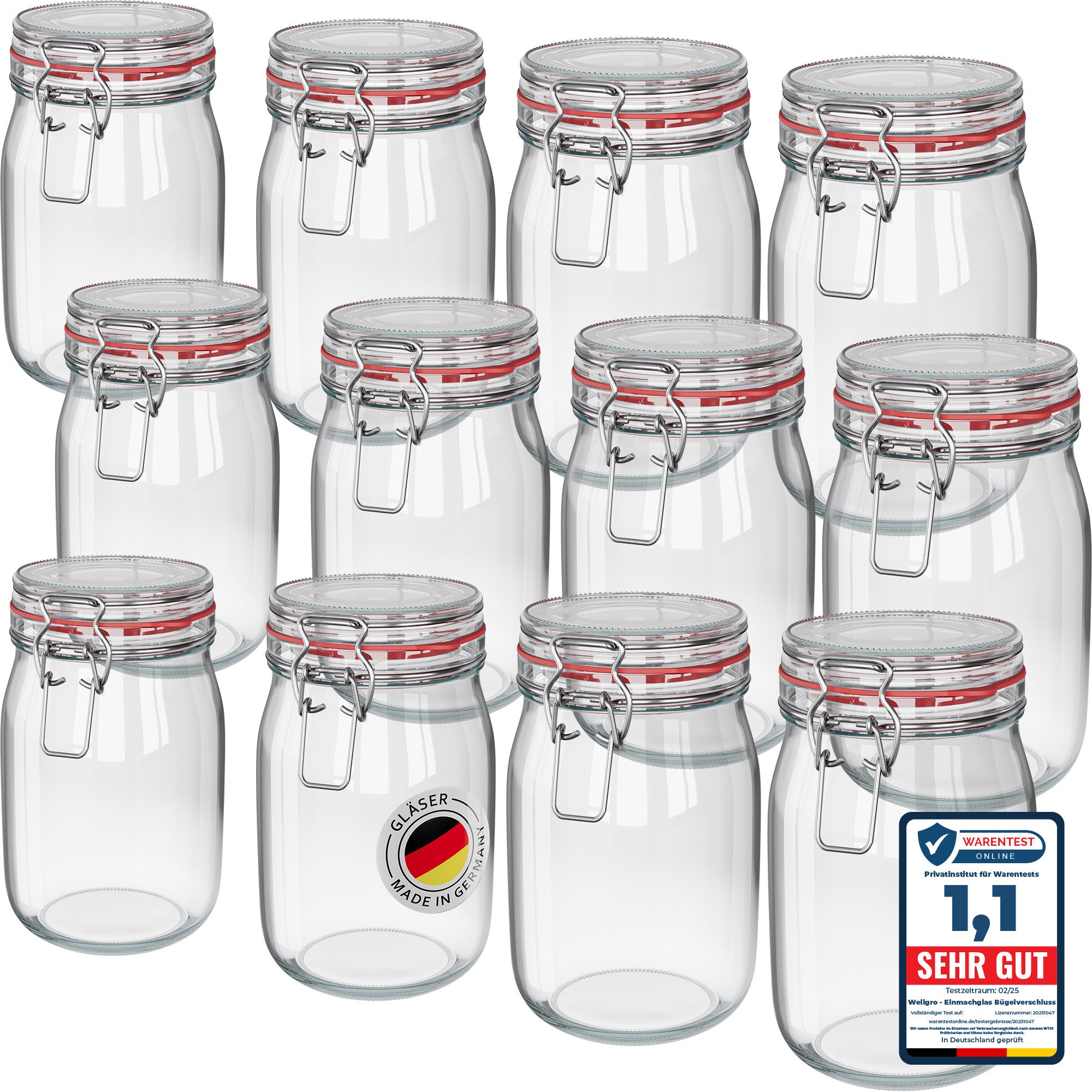 Wellgro Vorratsglas Einmachgläser mit Bügelverschluss rund, Fermentierglas, (12-tlg)