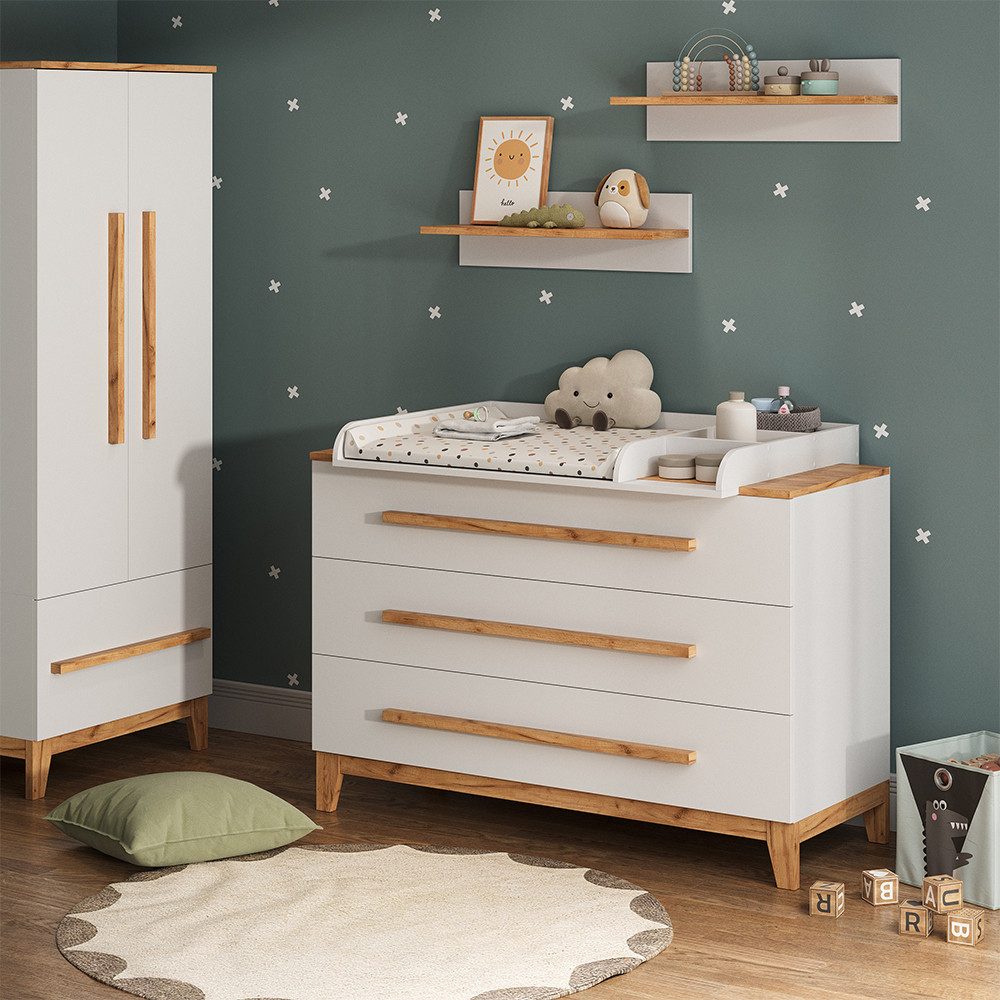 VitaliSpa® Wickelkommode Malia, Weiß/Artisan, 133.2 x 98 cm mit 3 Schubladen