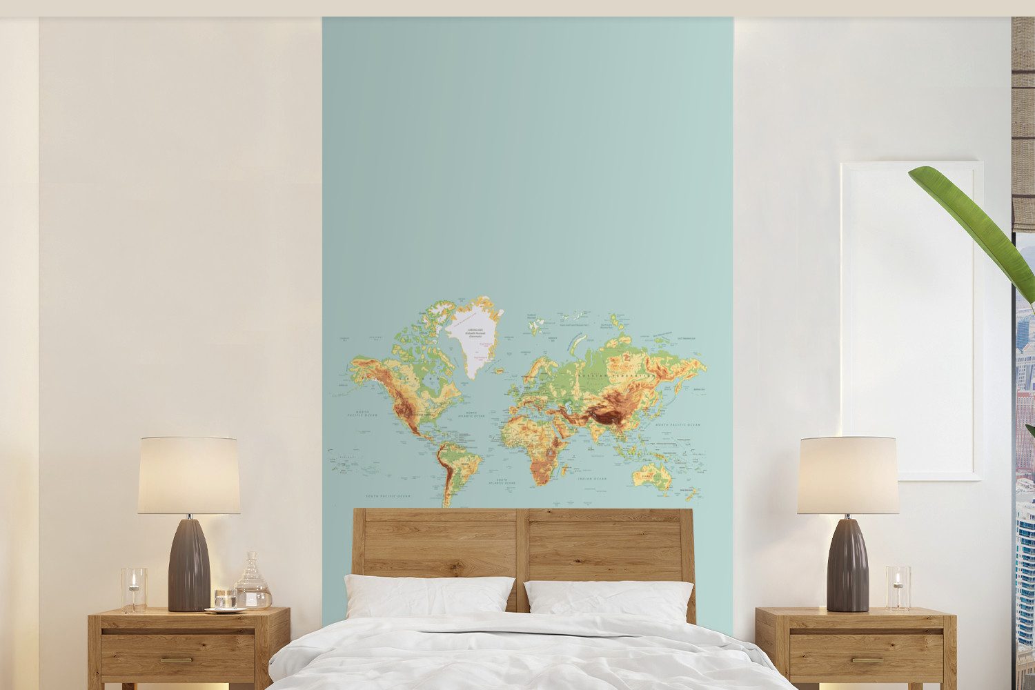 MuchoWow Fototapete Weltkarte - Realistisch - Blau, Matt, bedruckt, Vliestapete für Wohnzimmer Schlafzimmer Küche, Fototapete, 120x240 cm