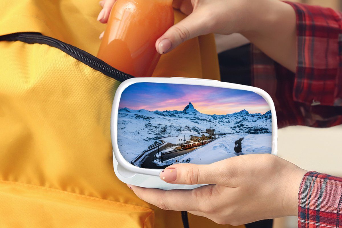 am Brotbox Mädchen weiß Lunchbox der Erwachsene, Dämmerung (2-tlg), und MuchoWow Brotdose, und Schweizer Kinder Kunststoff, Gornergratbahn, bei Jungs Matterhorn für für