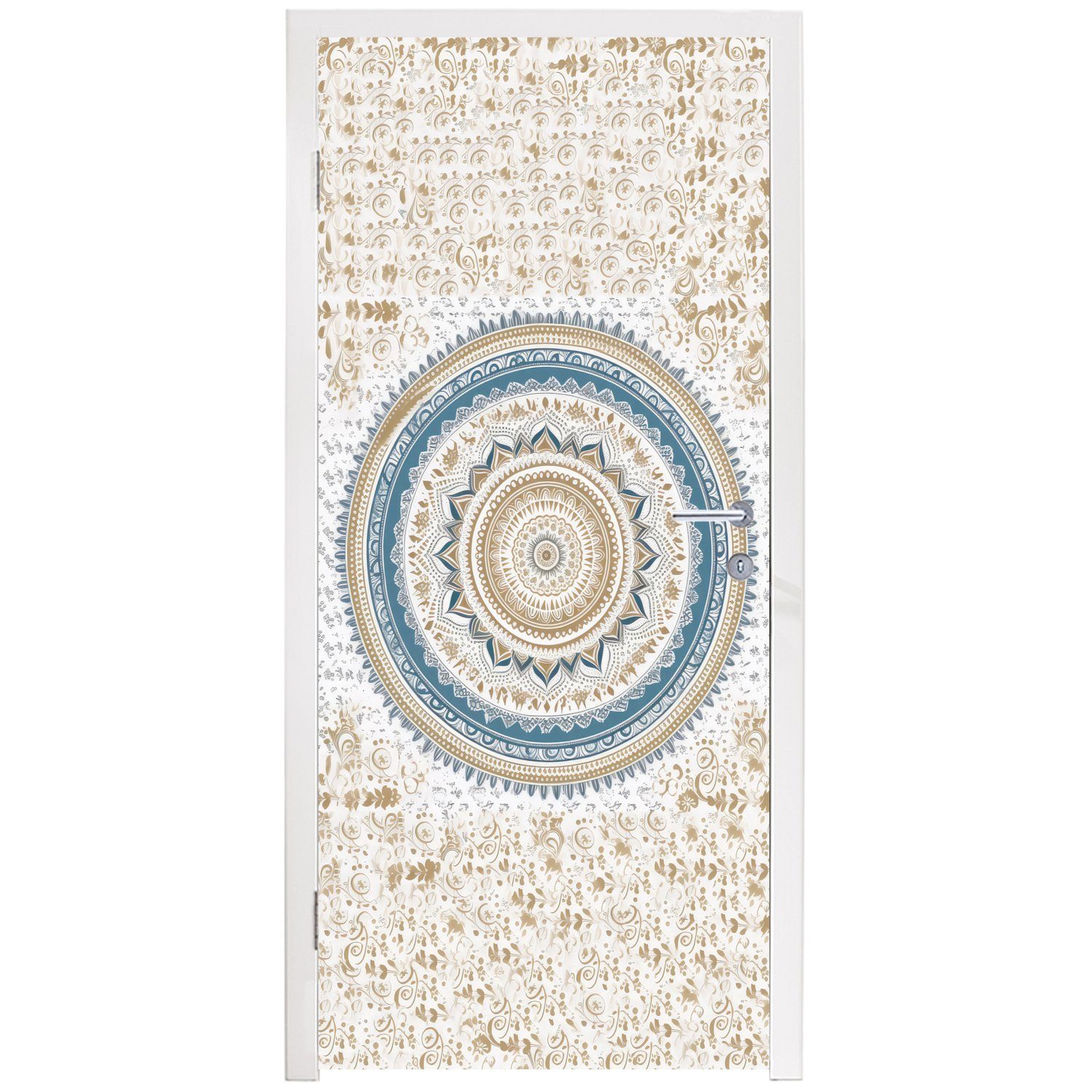 MuchoWow Türtapete Design, Türaufkleber, Mandala Fototapete Weiß - Bohème Matt, - St), - (1 bedruckt, Tür, Blau für cm 75x205 