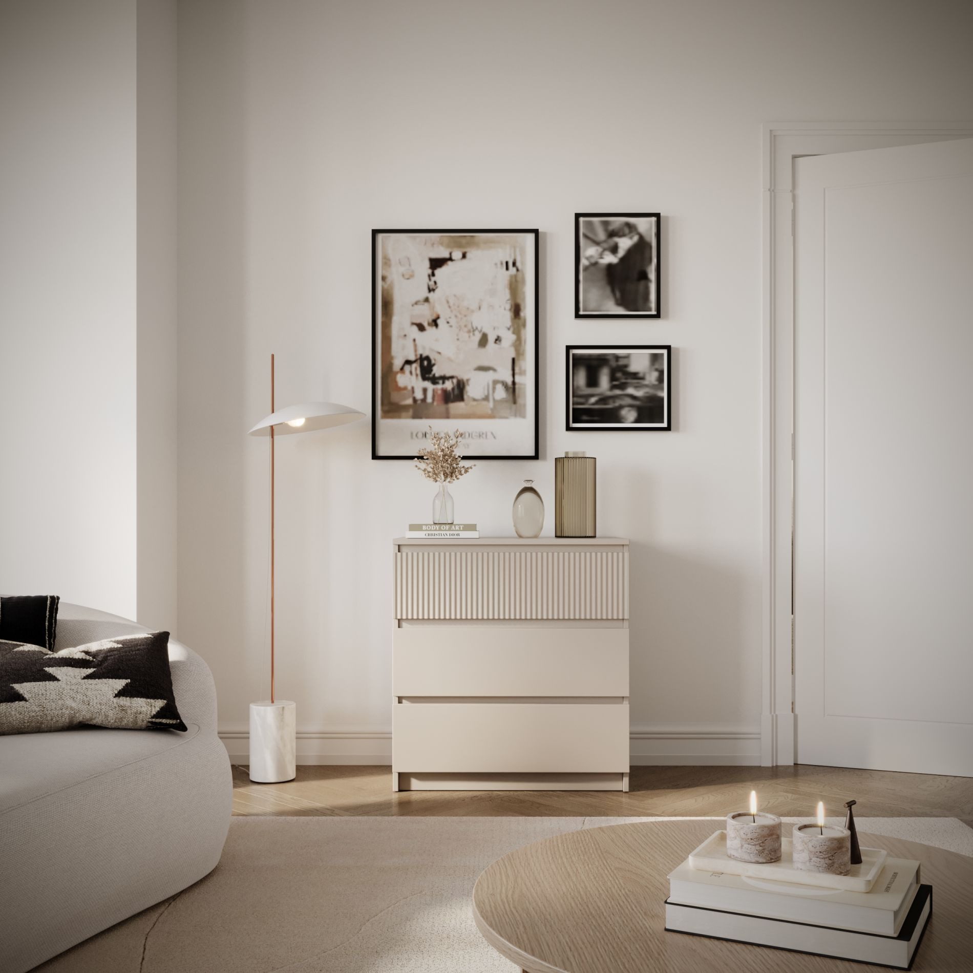 Selsey Kommode SANDIA, mit drei Schubladen und geriffelter Front Kaschmirgrau, 70 cm