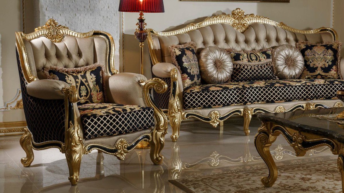 Sofa Barock Sofa Casa - Muster Möbel mit Schwarz Prunkvolles Mehrfarbig Padrino Wohnzimmer Gold - / / Luxus elegantem Gold / Barock Wohnzimmer Sofa