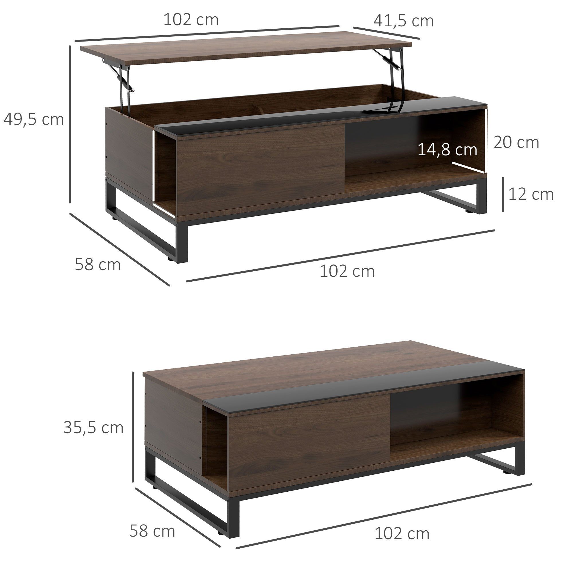 HOMCOM Couchtisch Sofatisch, höhenverstellbare Platte, Stauraum, Wohnzimmer, Büro (Beistelltisch, 1-St., Kaffeetisch), Stahl, Walnuss, Schwarz, 102 x 58 x 35,5 cm