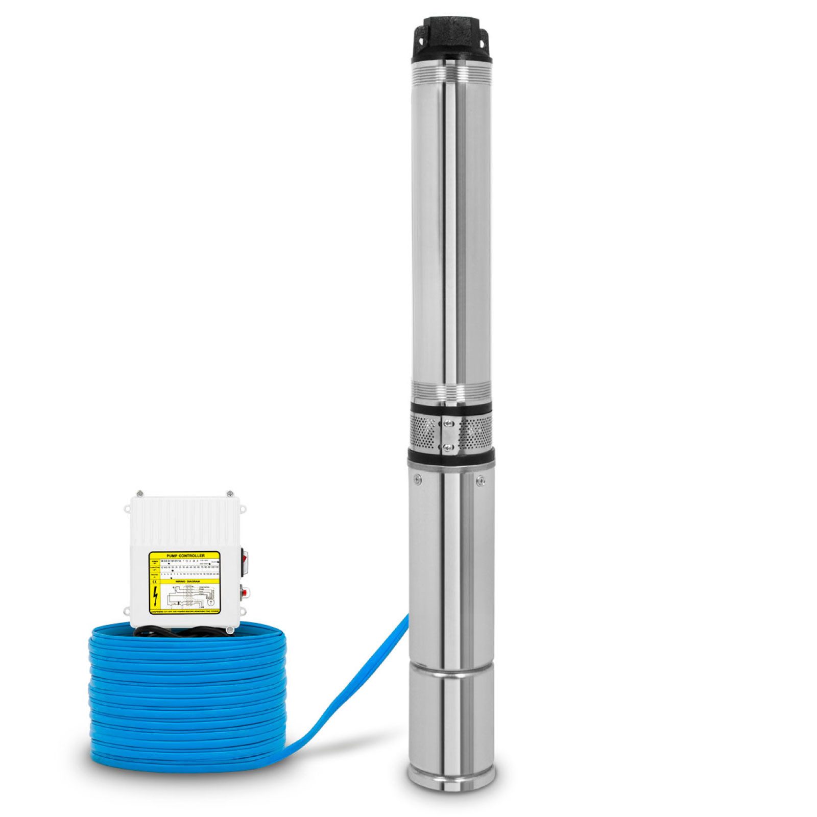 EBERTH Tiefbrunnenpumpe 4" aus rostfreiem Edelstahl, Elektrisch 550W, Durchmesser Pumpe 4 Zoll (Anschlussgewinde 1 1/2 Zoll), Stromkabel 20m, Förderhöhe max. 43m, mit Schmutzsieb