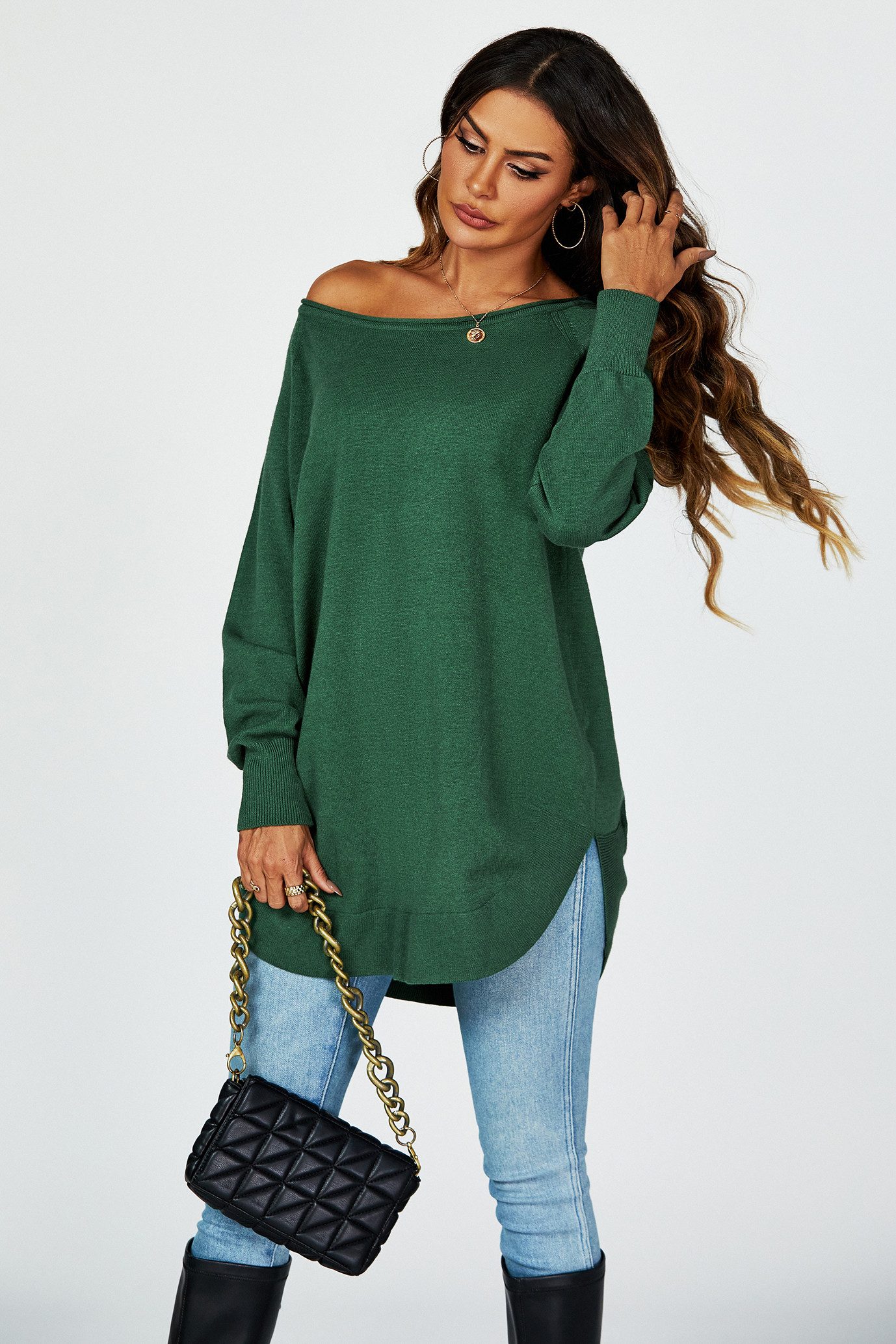 FS Collection Longpullover Damen Longpullover Oversize Strickpullover für Herbst/Winter, Onesize (Einheitsgröße: UK 8–16 / EU 36–44, 4 Farben : Schwarz, Creme,Hellgrau und Dunkelgrün) 50 % Polyacryl, 30 % Polyamid, 20 % Polyester