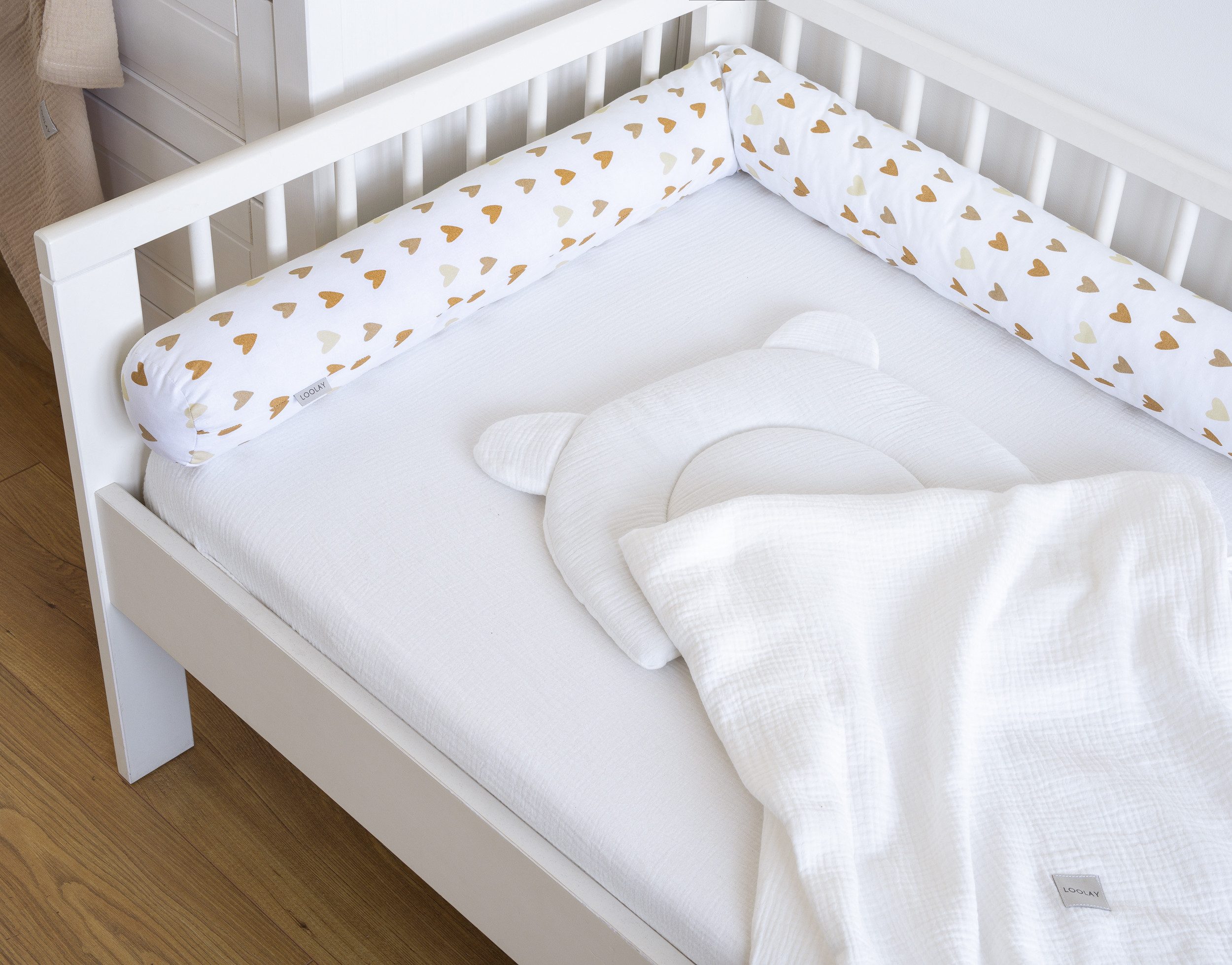 Loolay Nestchenschlange Herz BEIGE BRAUN Baumwolle Multifunktion Bettschlange Stoffschlange, (Bettumrandung Krabbeldecke Babybett Umrandung Schlange Bett Kopfsc – Bild 3 von 5