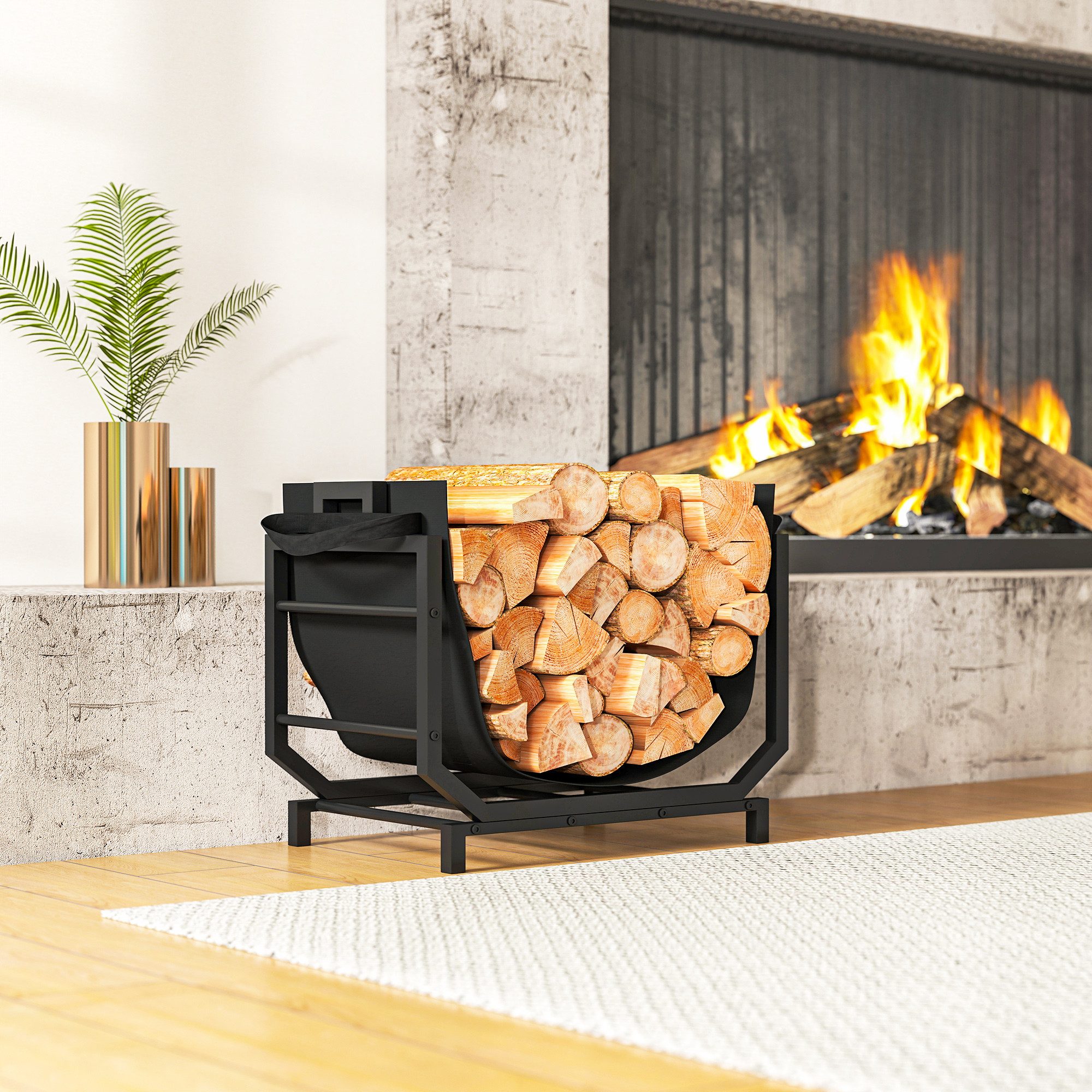 Outsunny Kaminholzregal erhöhtes Brennholzregal mit Tragetasche Kaminholzständer für innen, BxTxH:53x33x43 cm, (Feuerholzständer, 1-St., 50 kg belastbar), Metall, Schwarz