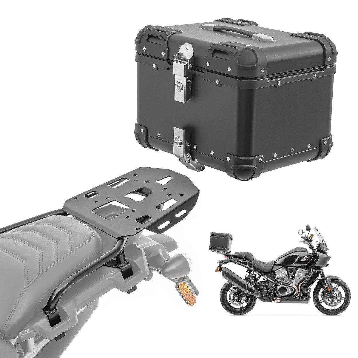 Bagtecs Topcase Set Alu Topcase + Gepäckbrücke passend für Harley Davidson Pan Americ