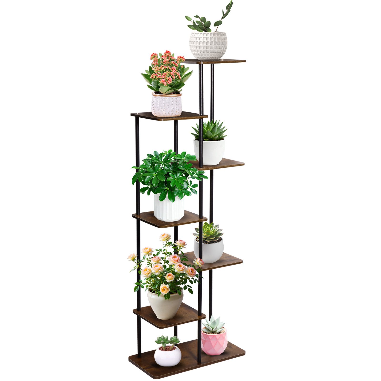 BlingBin Blumenständer Pflanzenständer 7 Ebenen – Blumenregal Holz & Metall Indoor (7-stufiger Pflanzenständer aus Schmiedeeisen für 8 Töpfe, 1 St., Pflanzenständer / Pflanzenregal), Mehrstöckiges Pflanzenregal für Wohnzimmer Balkon und Flur