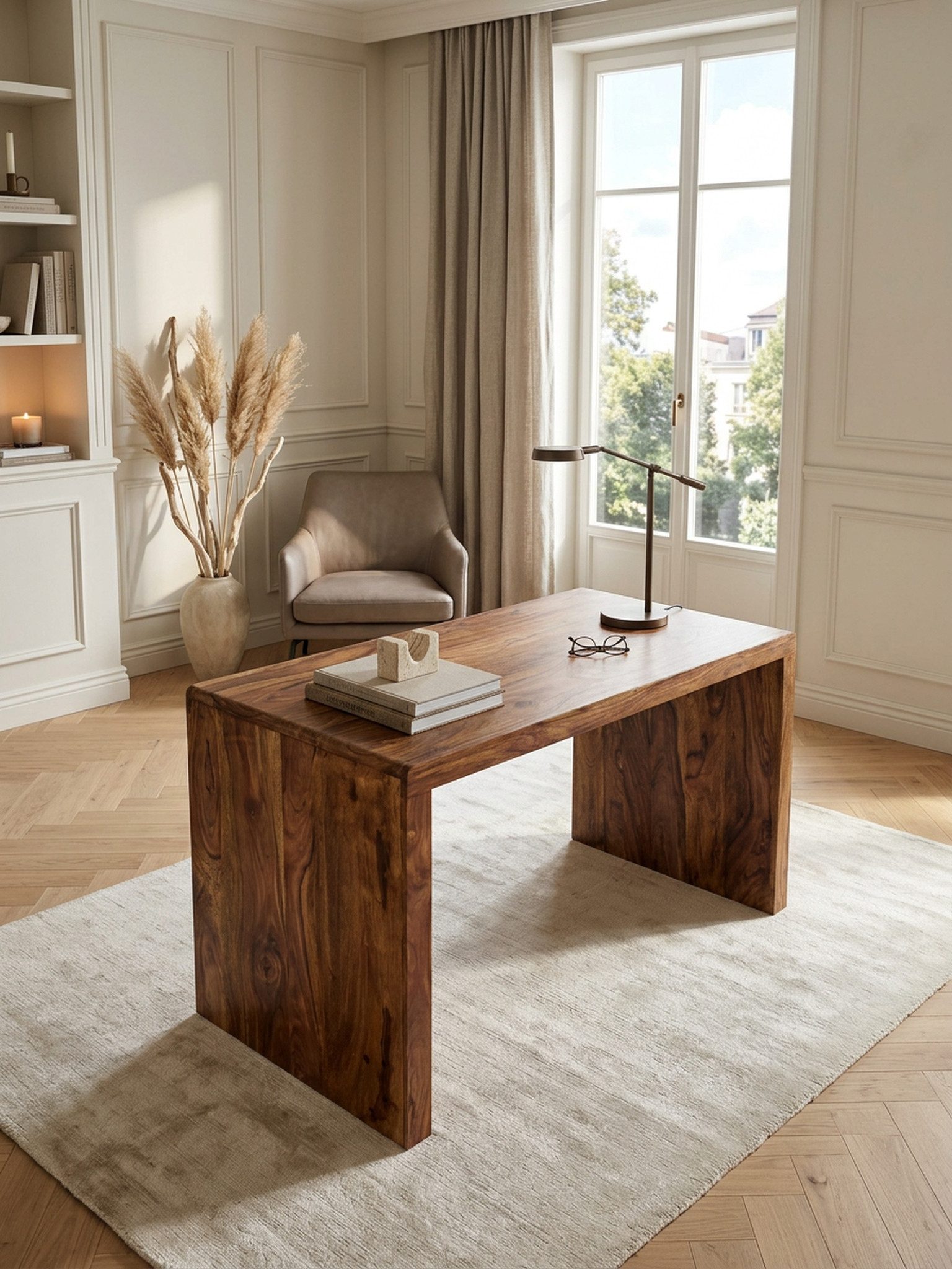 KADIMA DESIGN Schreibtisch Schreibtisch BOHA Massiv-Holz Computertisch 120 cm breit Bürotisch, Echtholz Design Ablage Büro-Tisch Landhaus-Stil