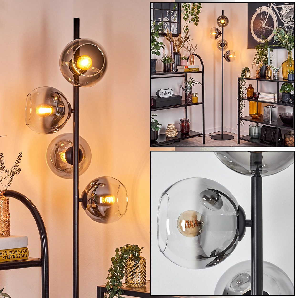 Stehlampe Stehlampe aus Metall/Glas in Schwarz/Rauchfarben/Klar mit Fußschalter