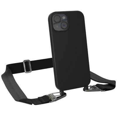 EAZY CASE Handykette Karabiner Breitband für Apple iPhone 15 6,1 Zoll, Schutzhülle zum Umhängen Handyhülle Umhängeband Matt Schwarz Silber