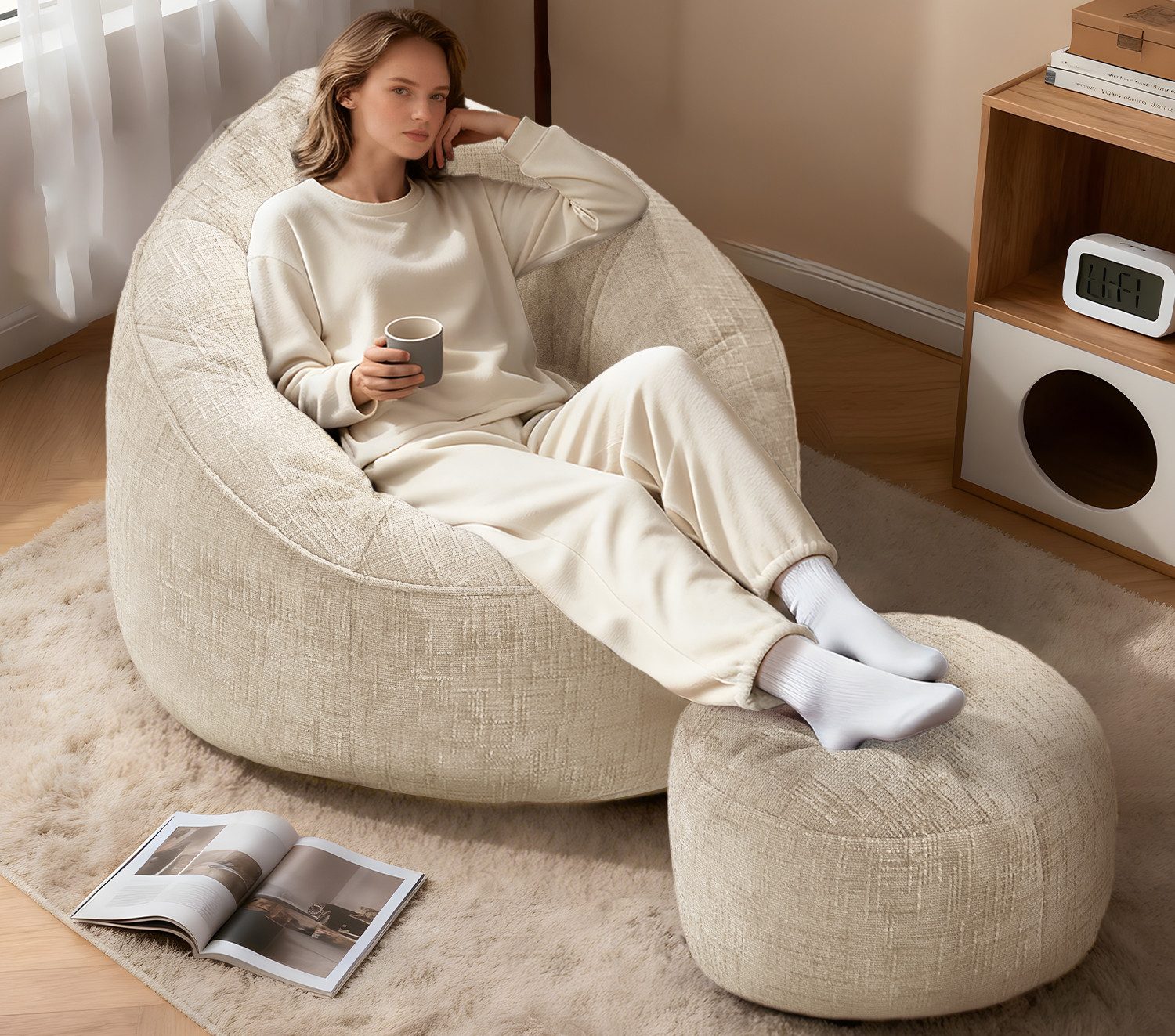 Lexzurn Sitzsack Sitzsack Lazy Sofa Gaming Sitzsack mit Hocker, Sitz Sack mit (Granularer-MemorySchwamm Füllung, Lounge Sessel, Lounge Stuhl, Weich und Formstabil), Couch für Erwachsene und Kinder, für Schlafzimmer, Büro und Wohnzimmer