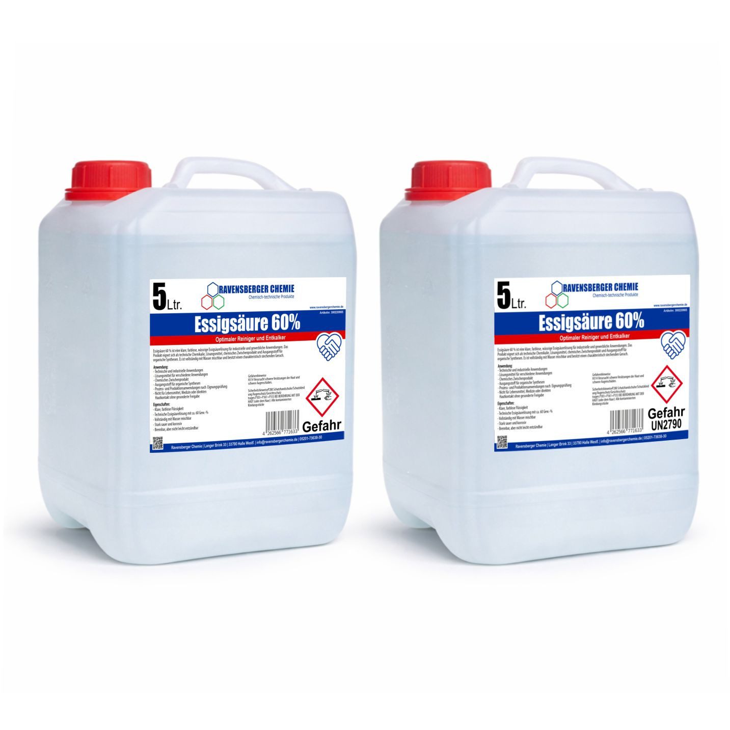 Ravensberger Chemie Essigsäure 60% - für Haushalt, Garten & Industrie Essigreiniger (2-St. 5L Essigsäure 60 % – Konzentrierter Reiniger und Entkalker)