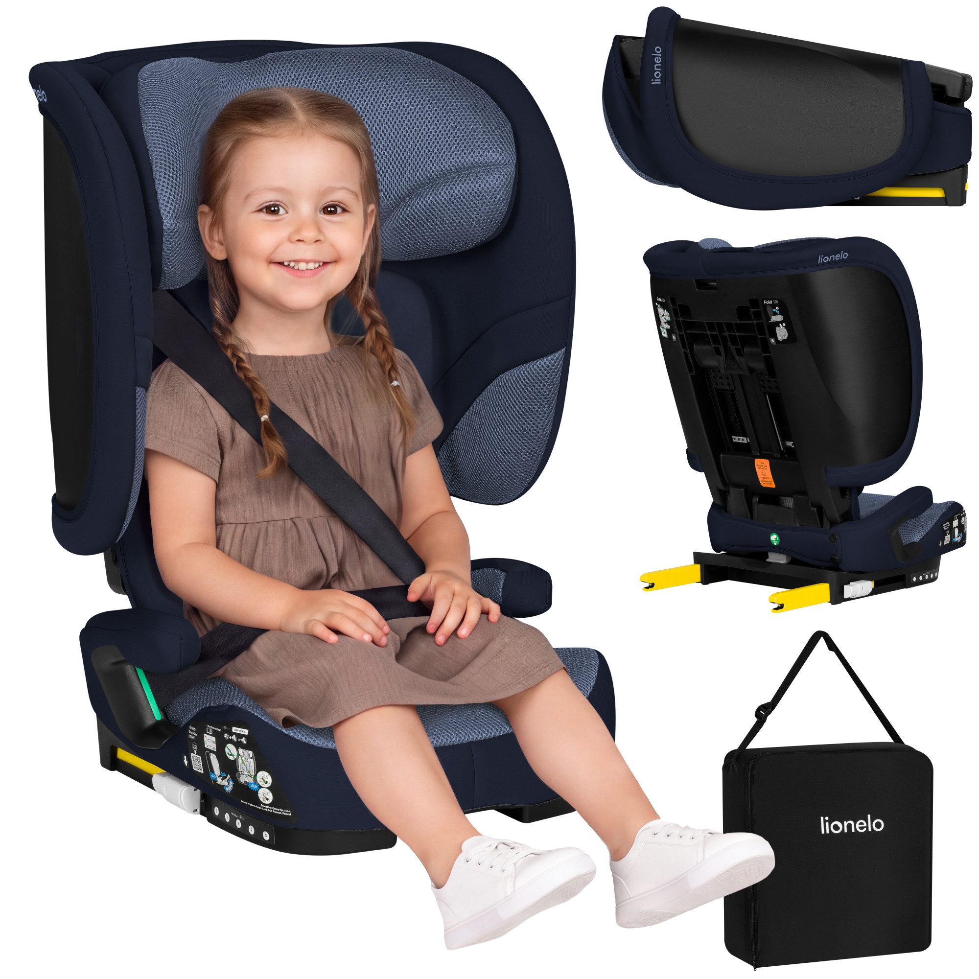lionelo Autokindersitz ORIN I-SIZE, ab: ab ca. 3,5 Jahren, bis: bis ca. 12 Jahren, ab: 100 cm, bis: 150 cm, (Kindersitz mit Transporttasche und Becherhalter), i-Size/kompakt/14fach/4fach/ultraleicht