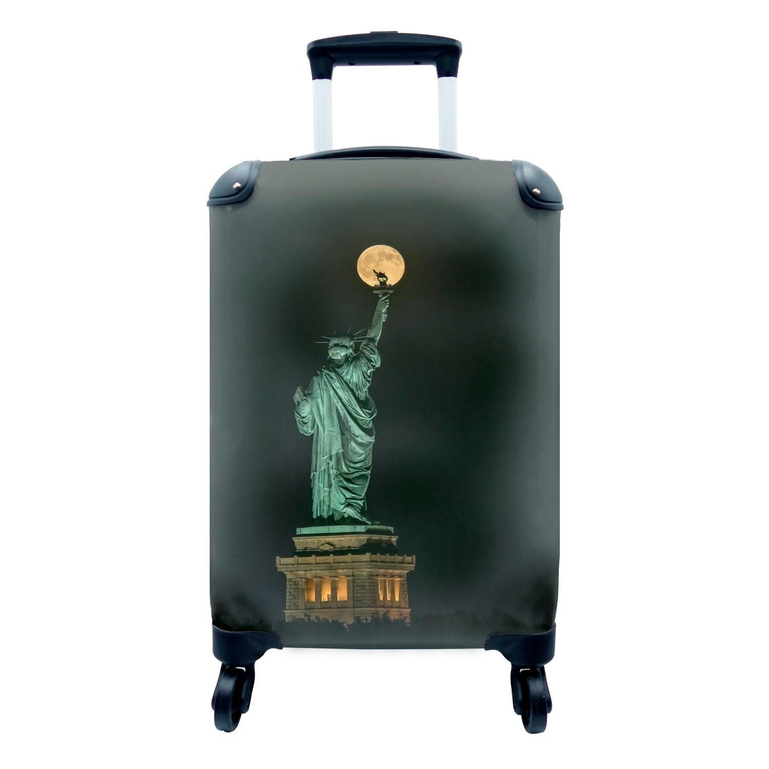 MuchoWow Handgepäckkoffer Freiheitsstatue - New York - Mond - Nacht, 4 Rollen, Reisetasche mit rollen, Handgepäck für Ferien, Trolley, Reisekoffer