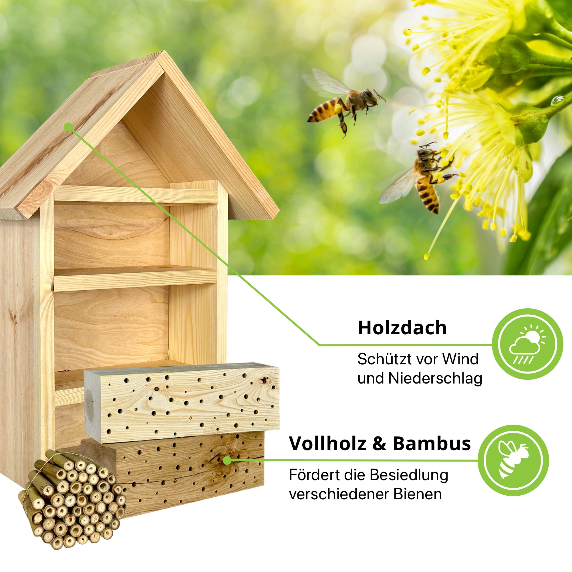 gartenetage Insektenhotel DIY Bienenhotel Geschenkset – Bienenparadies aus Bambus & Vollholz, Inklusive Blumenwiese Mischung, Einfache Montage, Perfektes Geschenk