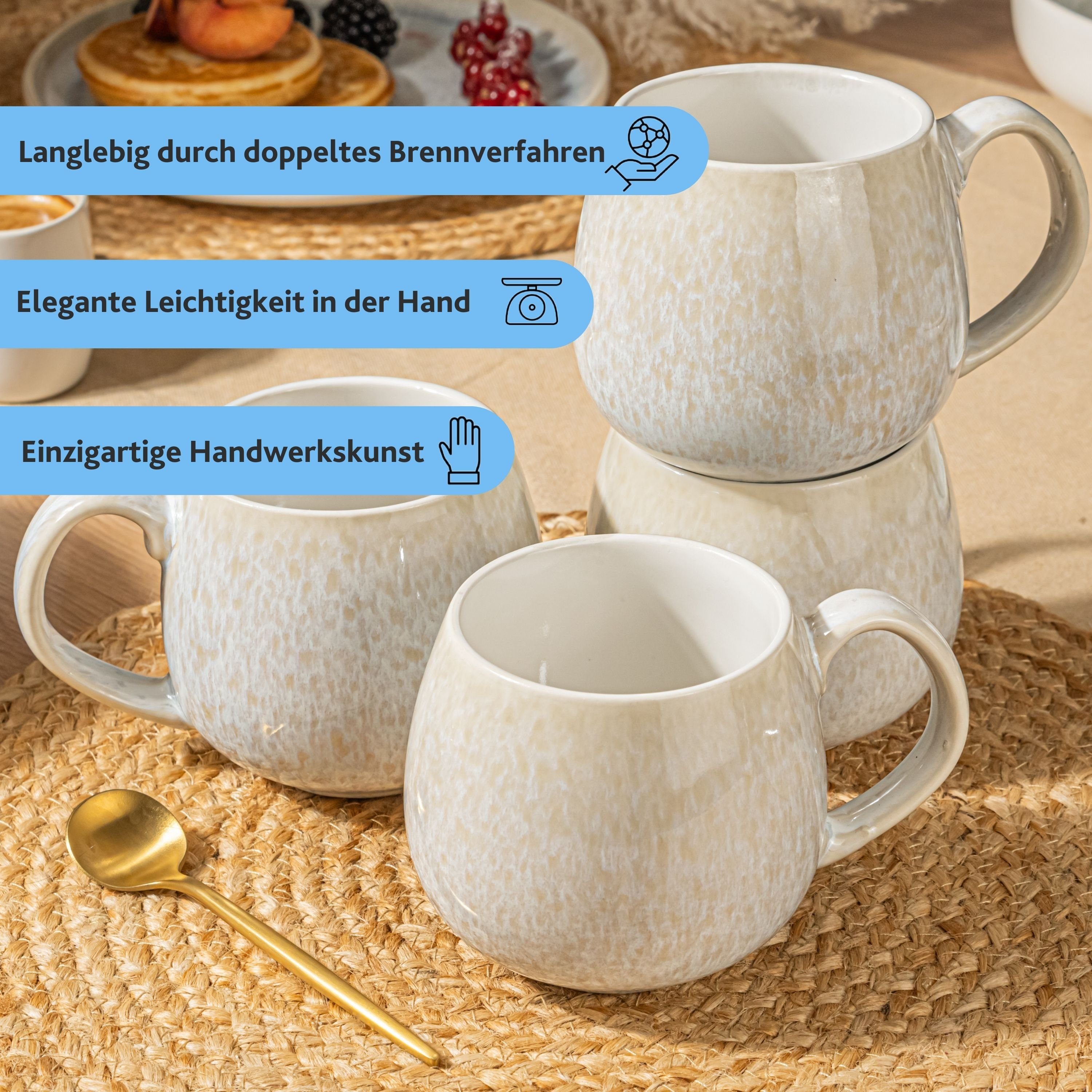 SÄNGER Becher Santorini Kaffeebecher Set mit Handmade (4-teilig), Steingut, Cremefarben Blauem Verlauf, Flieder